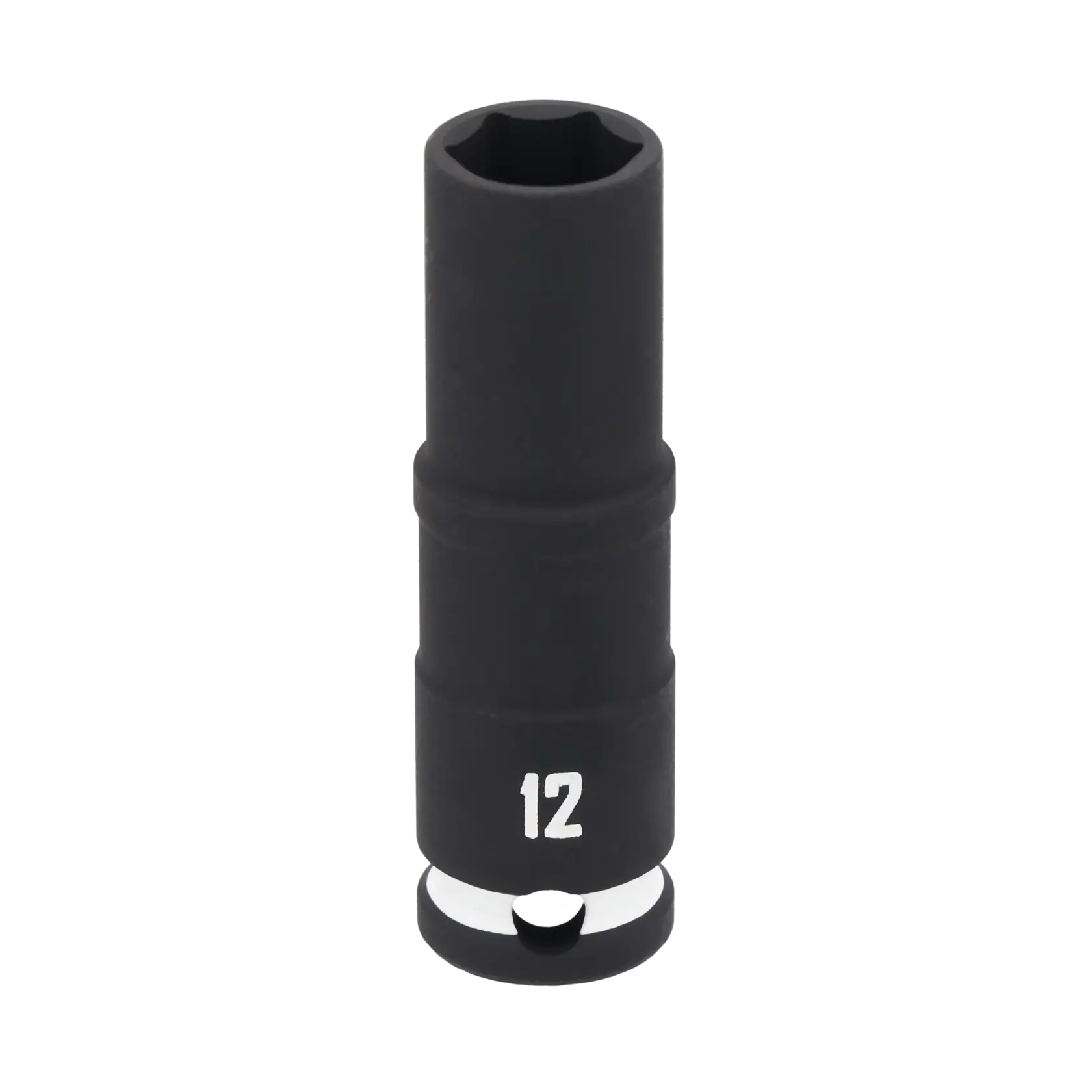 A black deep socket with the number 12 printed on its side, suitable for use with a socket wrench.