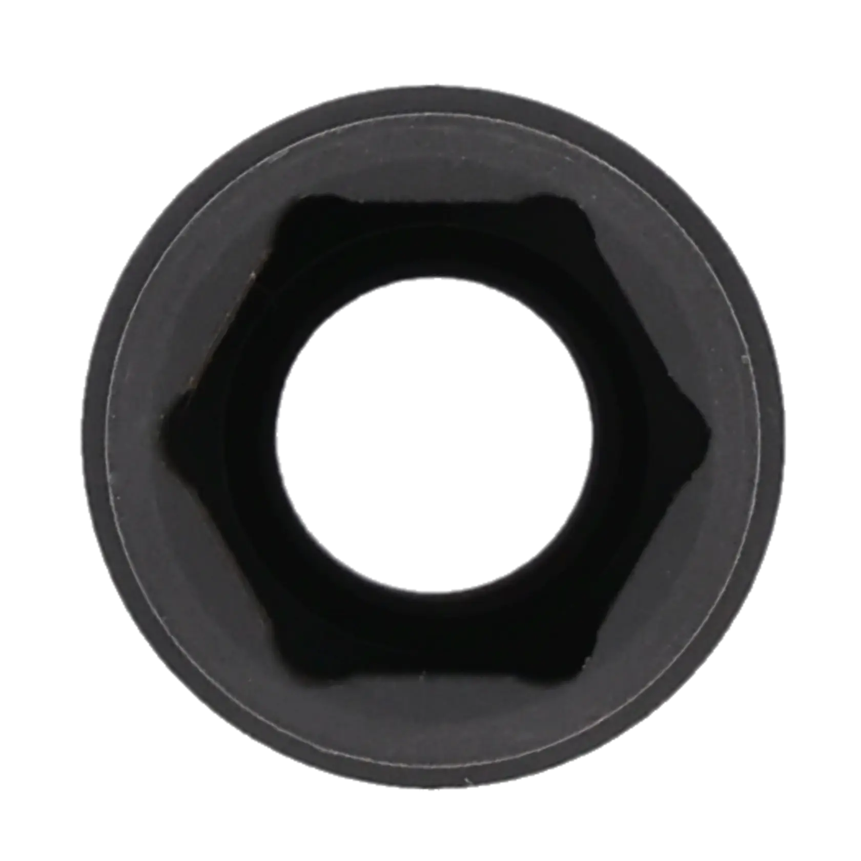 Close-up view of a black hexagonal socket, showing the internal shape designed to fit over bolts or nuts, photographed against a white background.