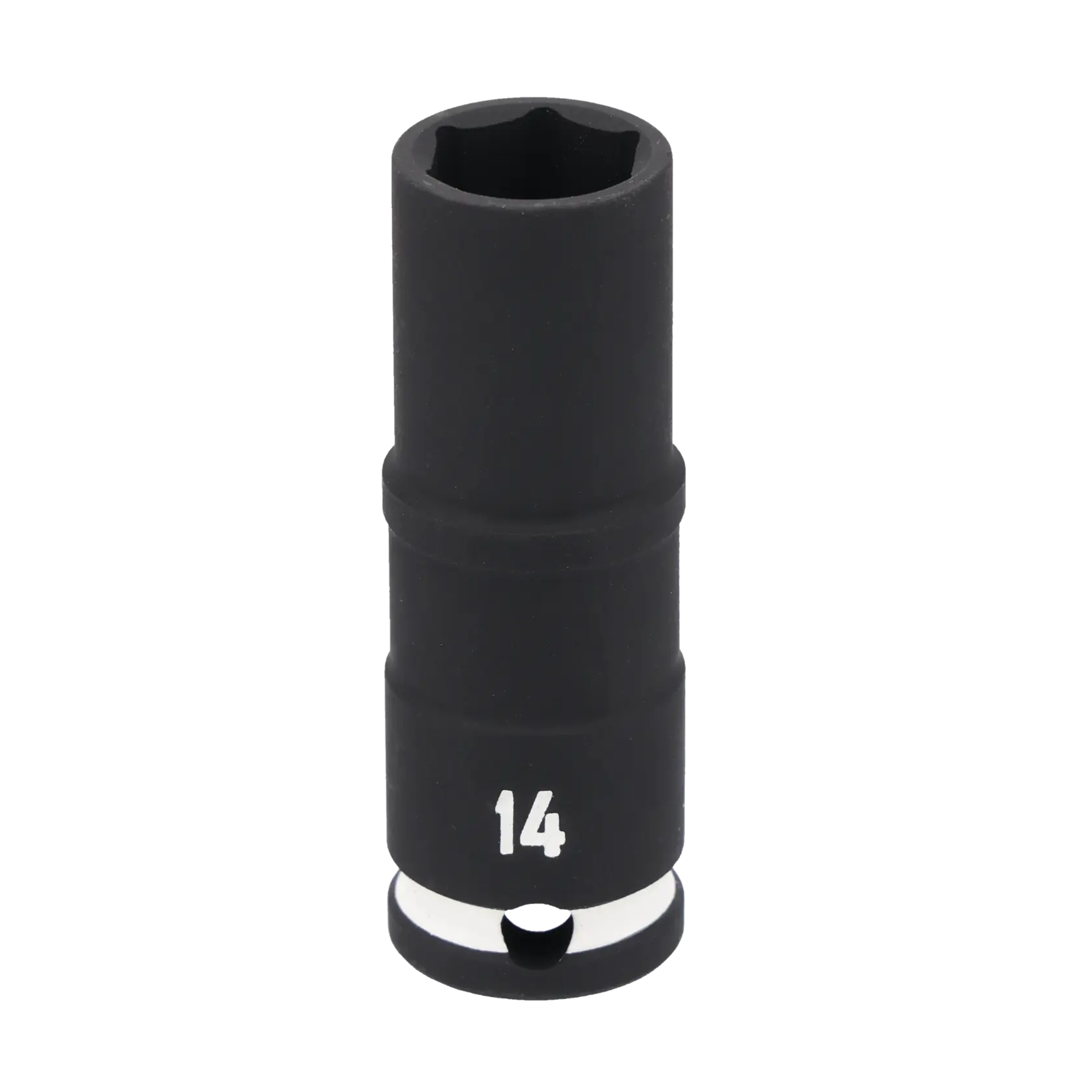 A black, deep impact socket with the number 14 printed in white near the base. The socket is cylindrical with a hexagonal opening at the top for fitting onto a bolt or nut.