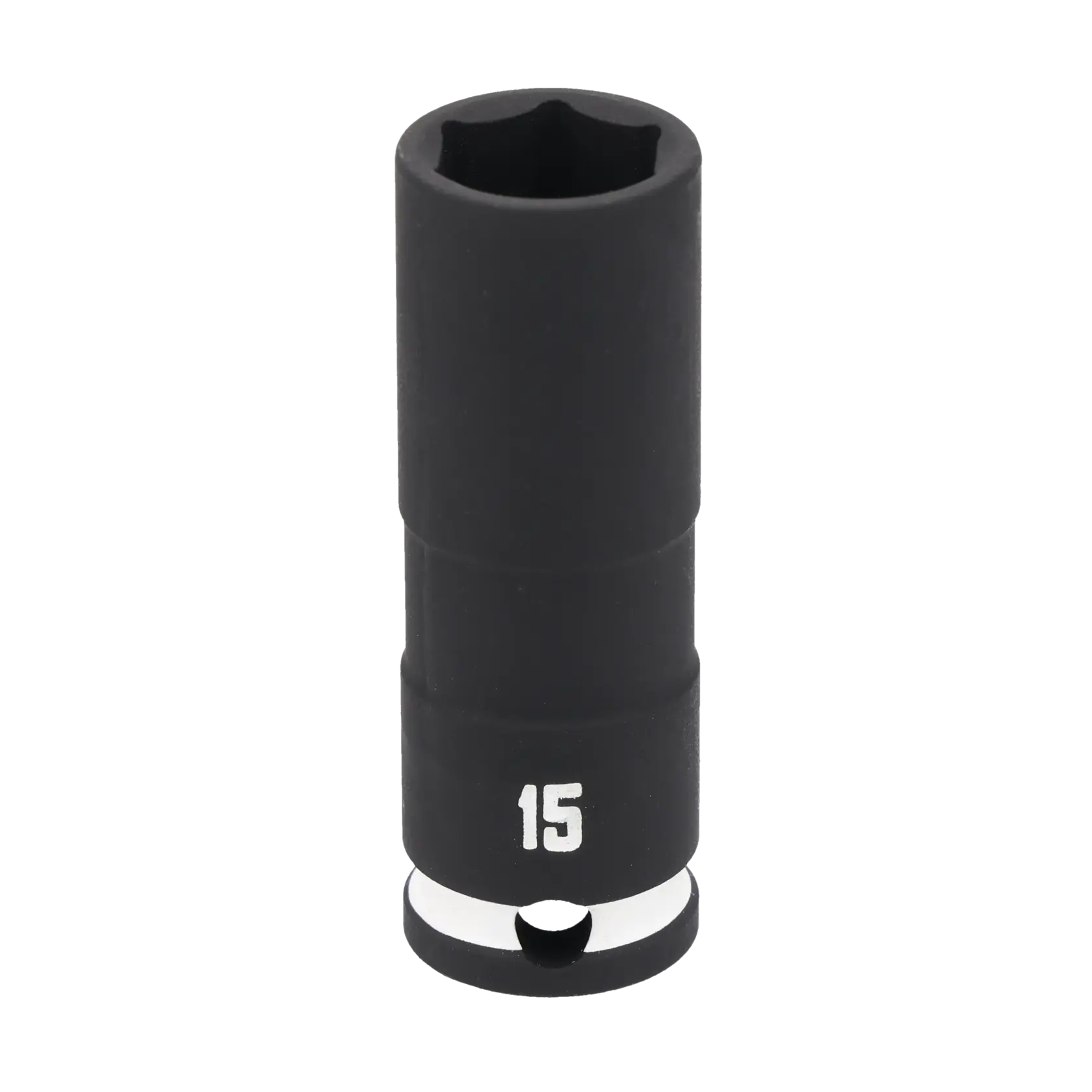 A black deep socket with the number 15 printed in white, used for tightening or loosening nuts and bolts.