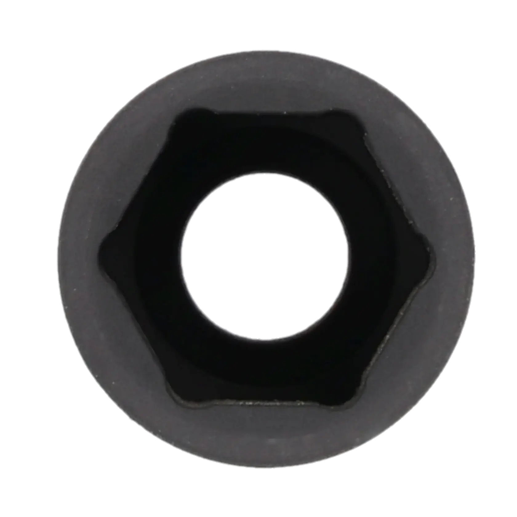 Close-up, top view of a hexagonal socket tool, showing its inner shape and opening.