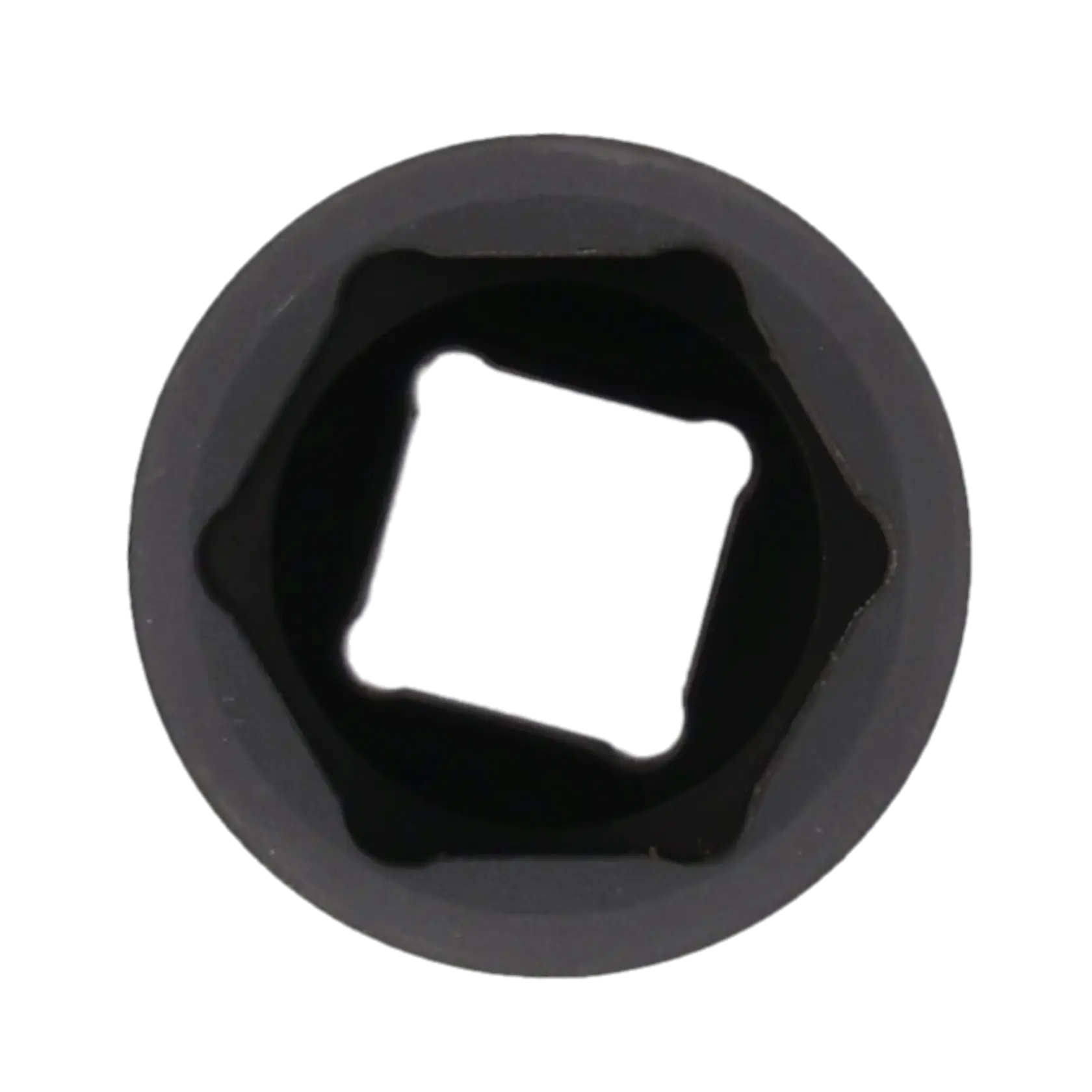 Close-up view of the interior of a black socket tool, showing the square hole for attaching to a ratchet.