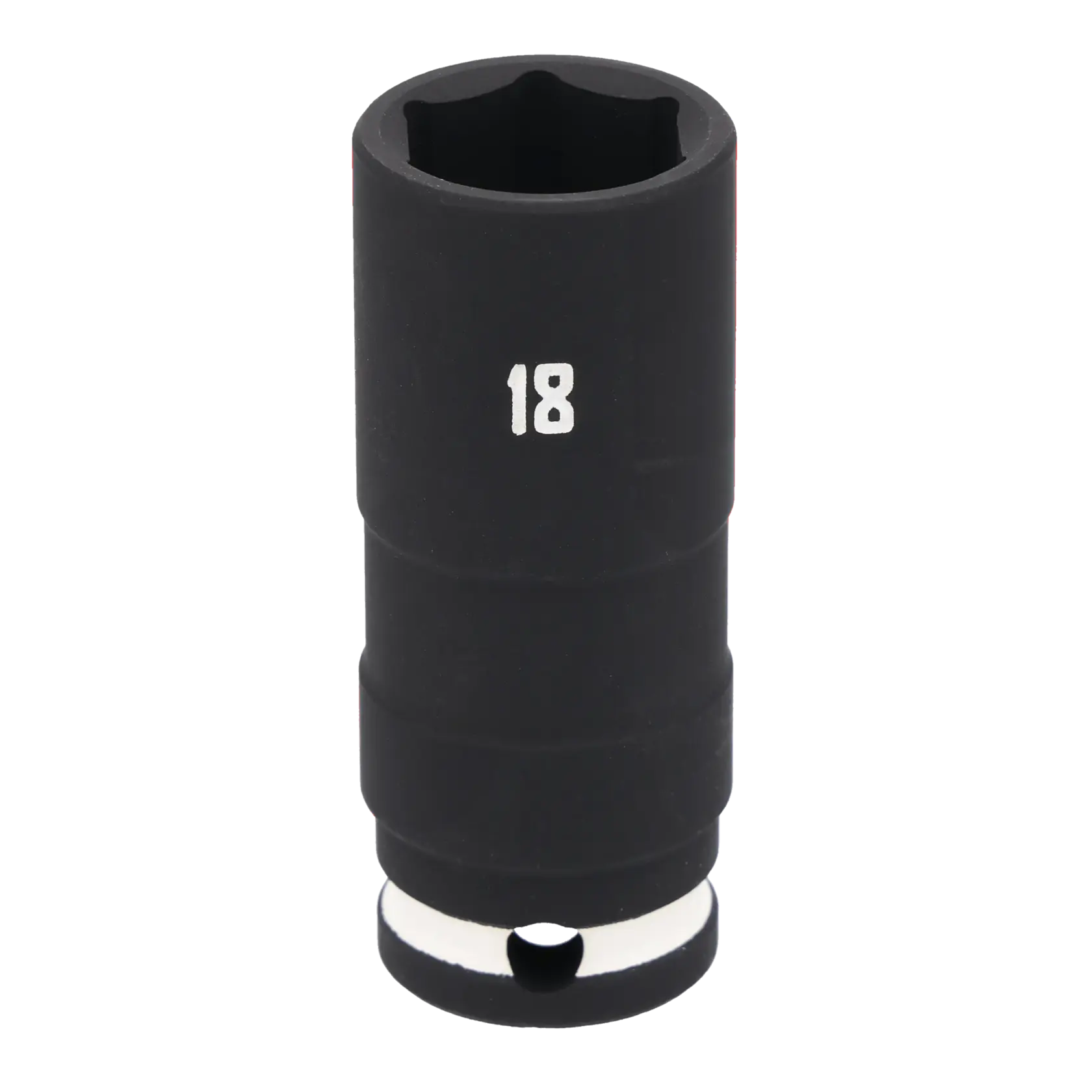 A black Craftsman deep impact socket with the number 18 printed on it, used for tightening or loosening bolts and nuts.