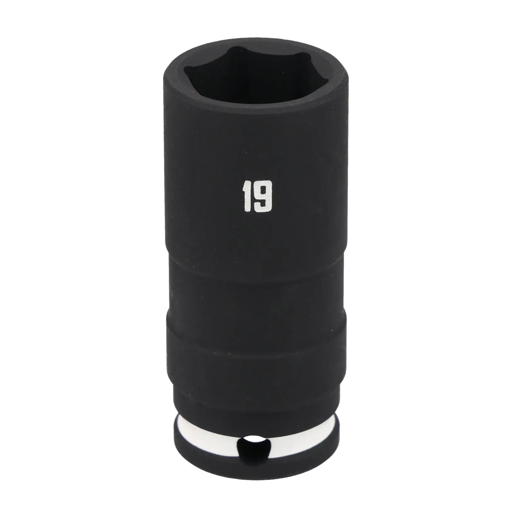 A close-up image of a black Craftsman 19 mm impact socket, standing upright with a white '19' marking visible on its side.