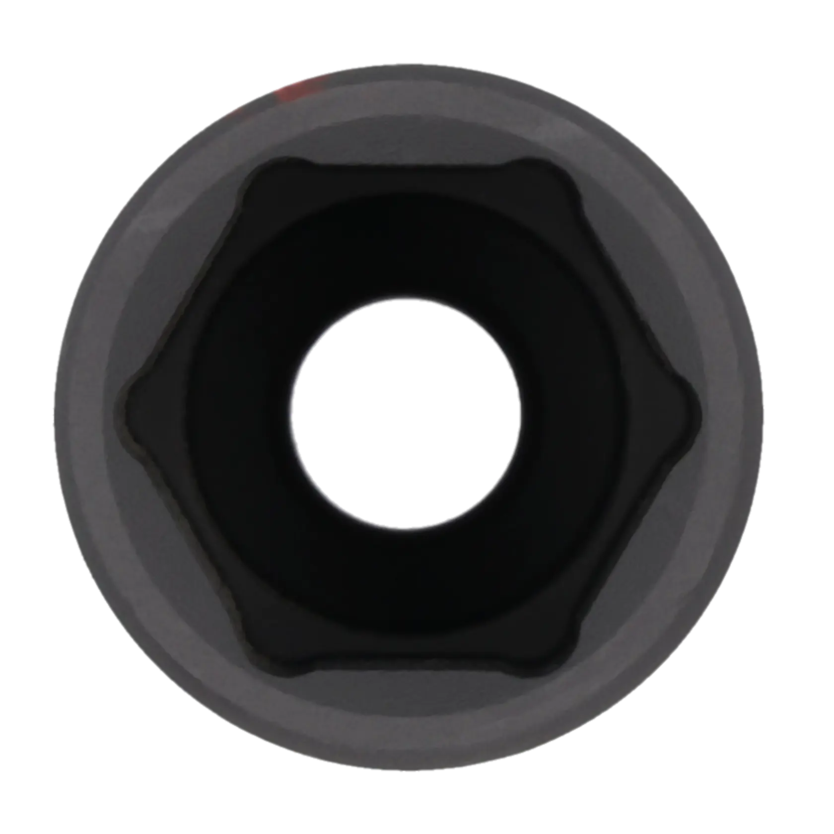 Close-up view of a hex socket, showing the inner opening and six-sided shape typical of a tool used for fastening bolts or nuts.