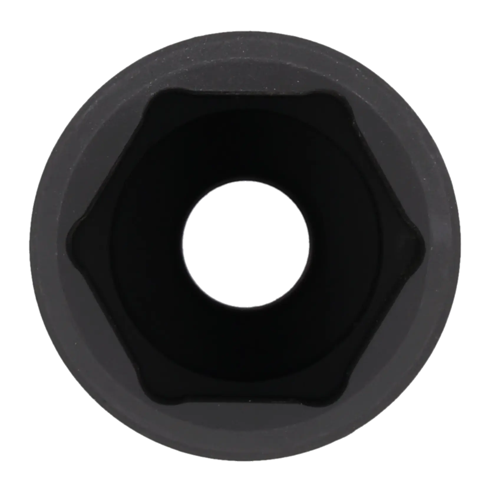 View of a black socket wrench attachment seen from the front, showing its hexagonal interior structure.