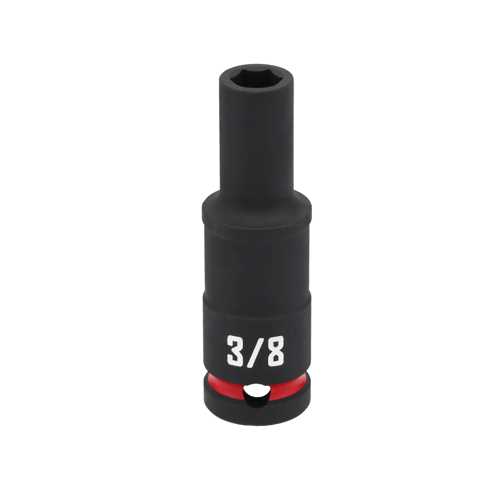 A black impact socket with a six-point opening, marked with '3/8' in white text and featuring a red band near the base.