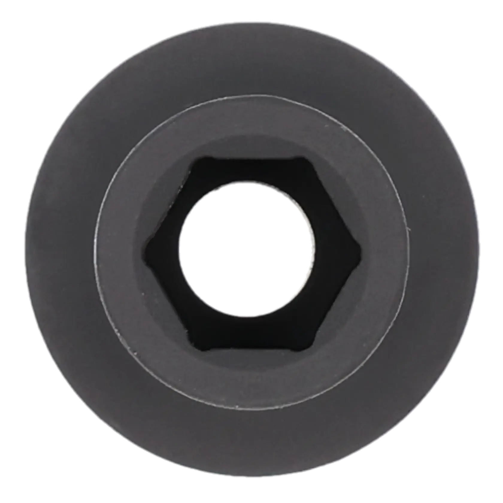 Close-up view of a hexagonal socket, a black metal tool accessory, often used with wrenches for turning bolts.