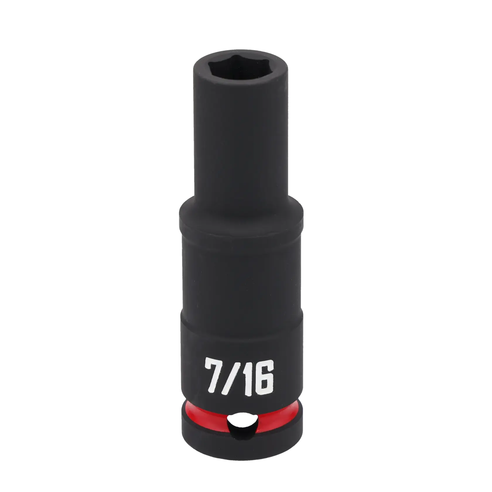 A close-up image of a black Craftsman deep socket with '7/16' marked in white text. The socket features a red ring near the base.