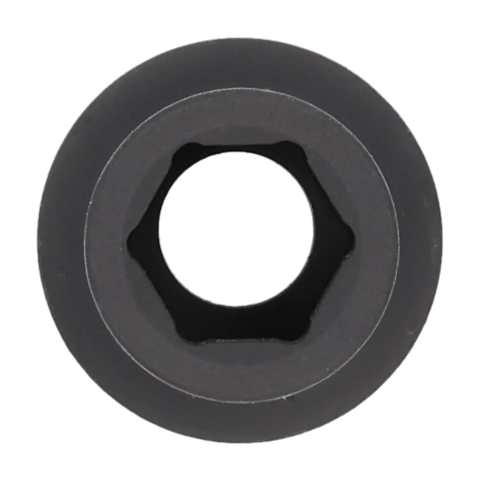 Close-up front view of a black hex socket tool component with a circular outer shape and hexagonal inner opening.