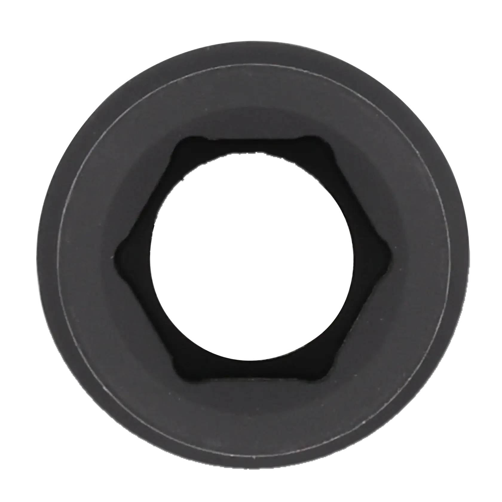 Close-up view of a black socket tool, showing the hexagonal opening in the center.