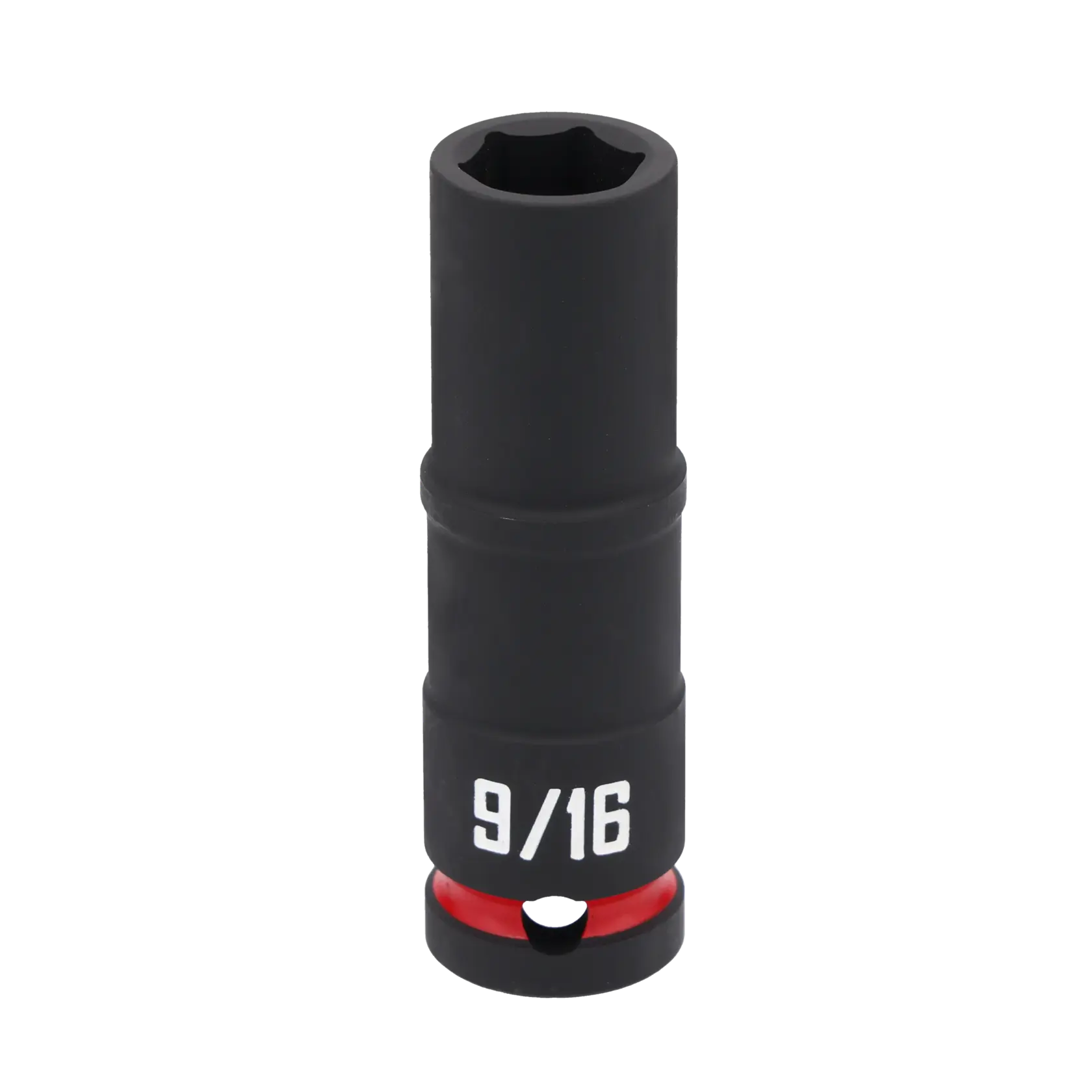 A black deep socket tool with a size marking of 9/16 in white text and a red ring near the base.