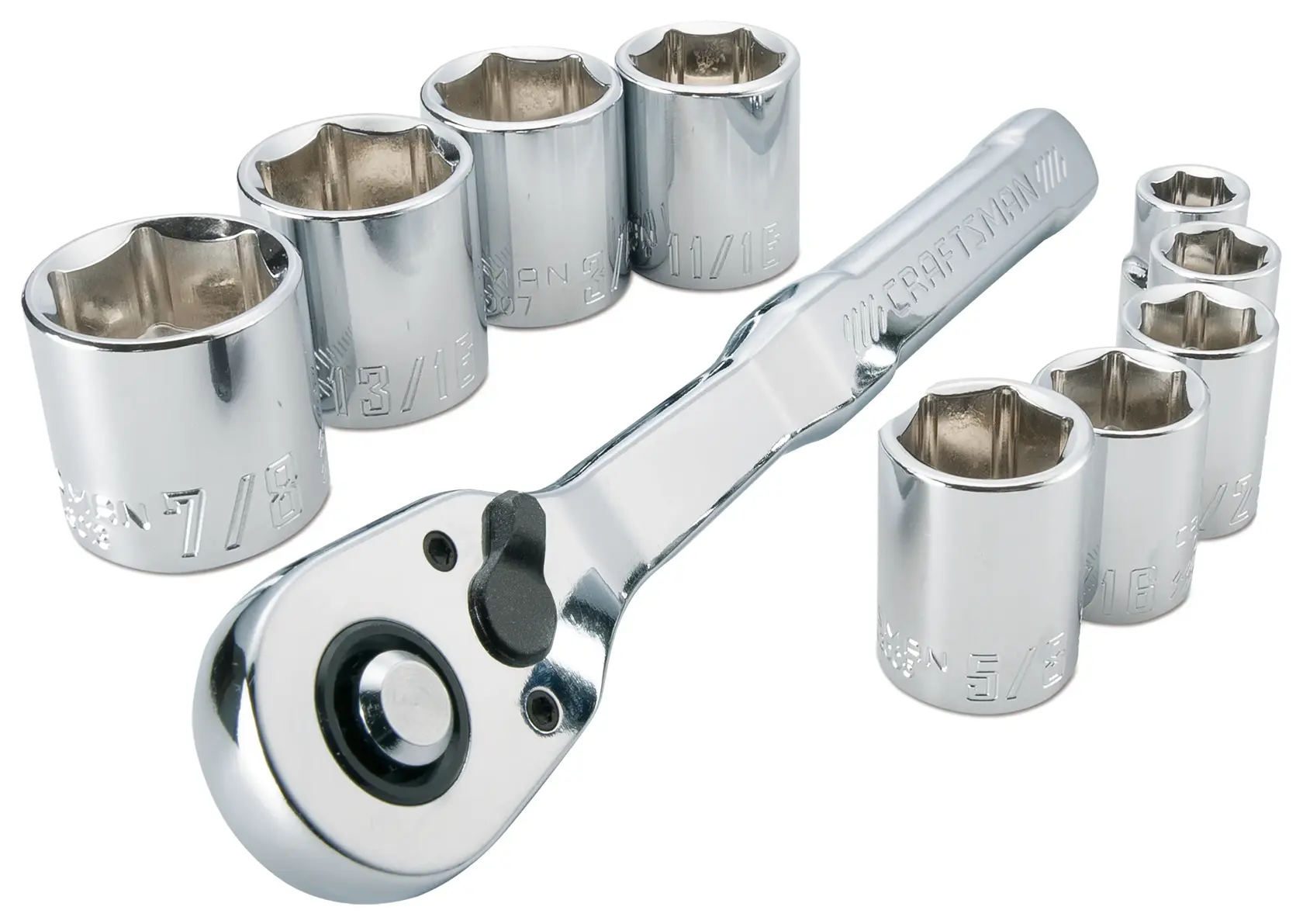 CRAFTSMAN 10 Piece 3/8 inch SAE Mechanics Tool Set Laid Out on White Background