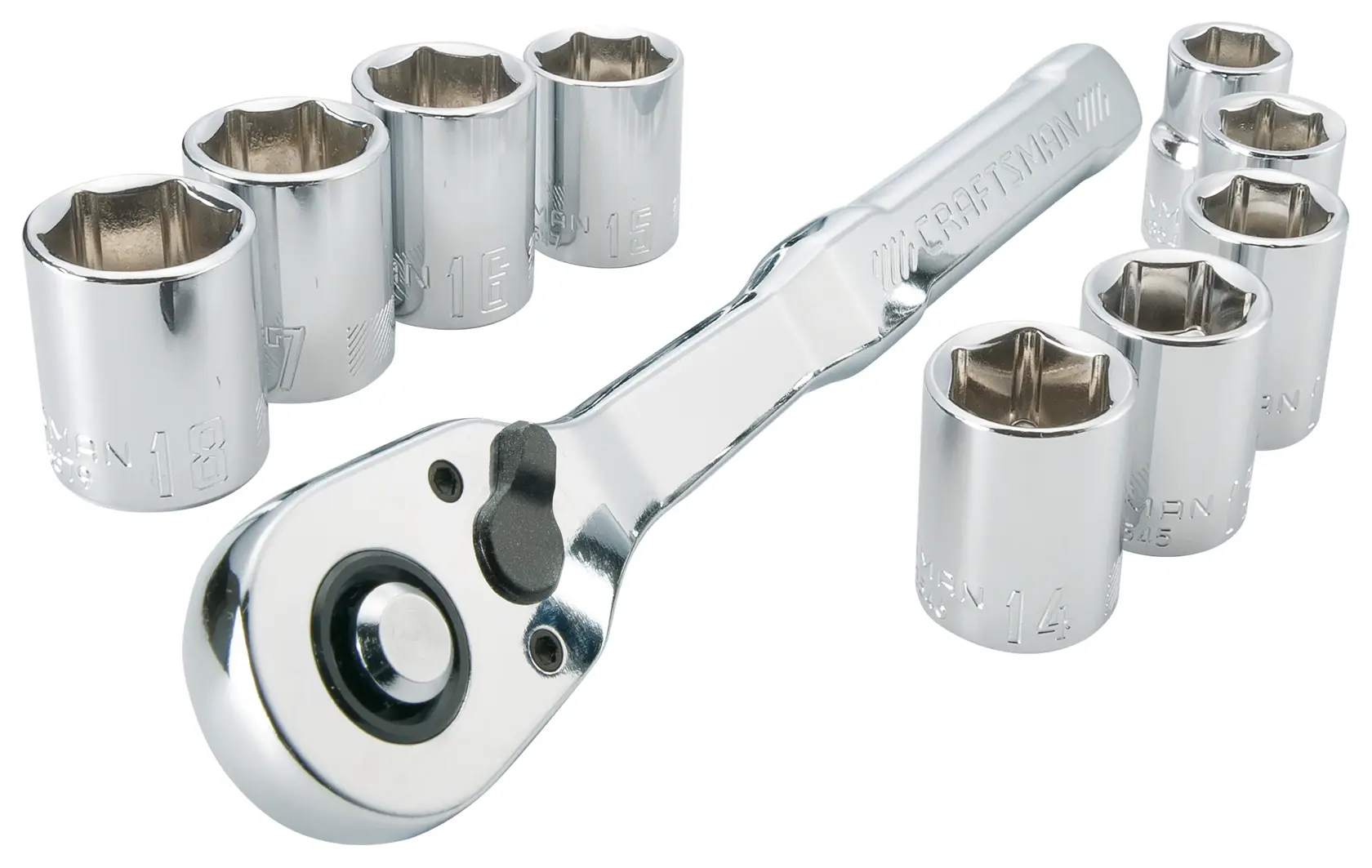 CRAFTSMAN 10 Piece 3/8 inch Metric Mechanics Tool Set Laid Out on White Background