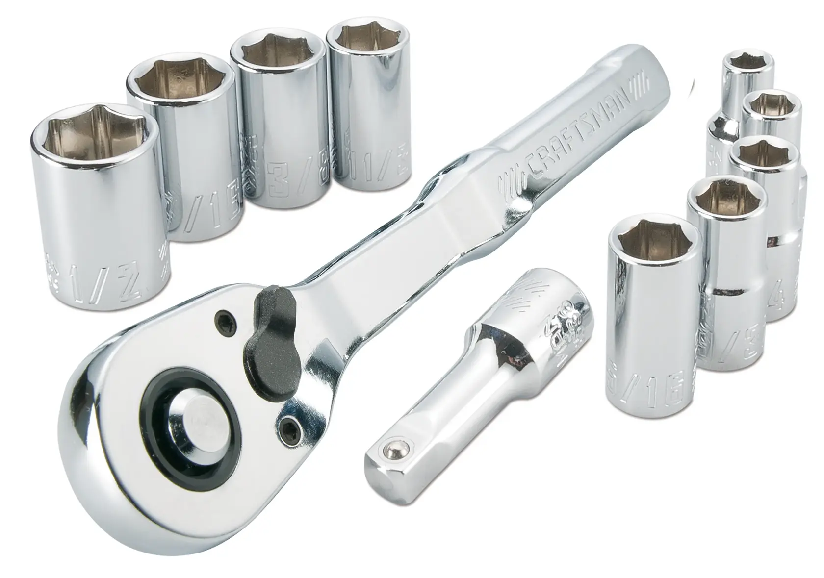 CRAFTSMAN 11 Piece 1/4 inch SAE Mechanics Tool Set Laid Out on White Background