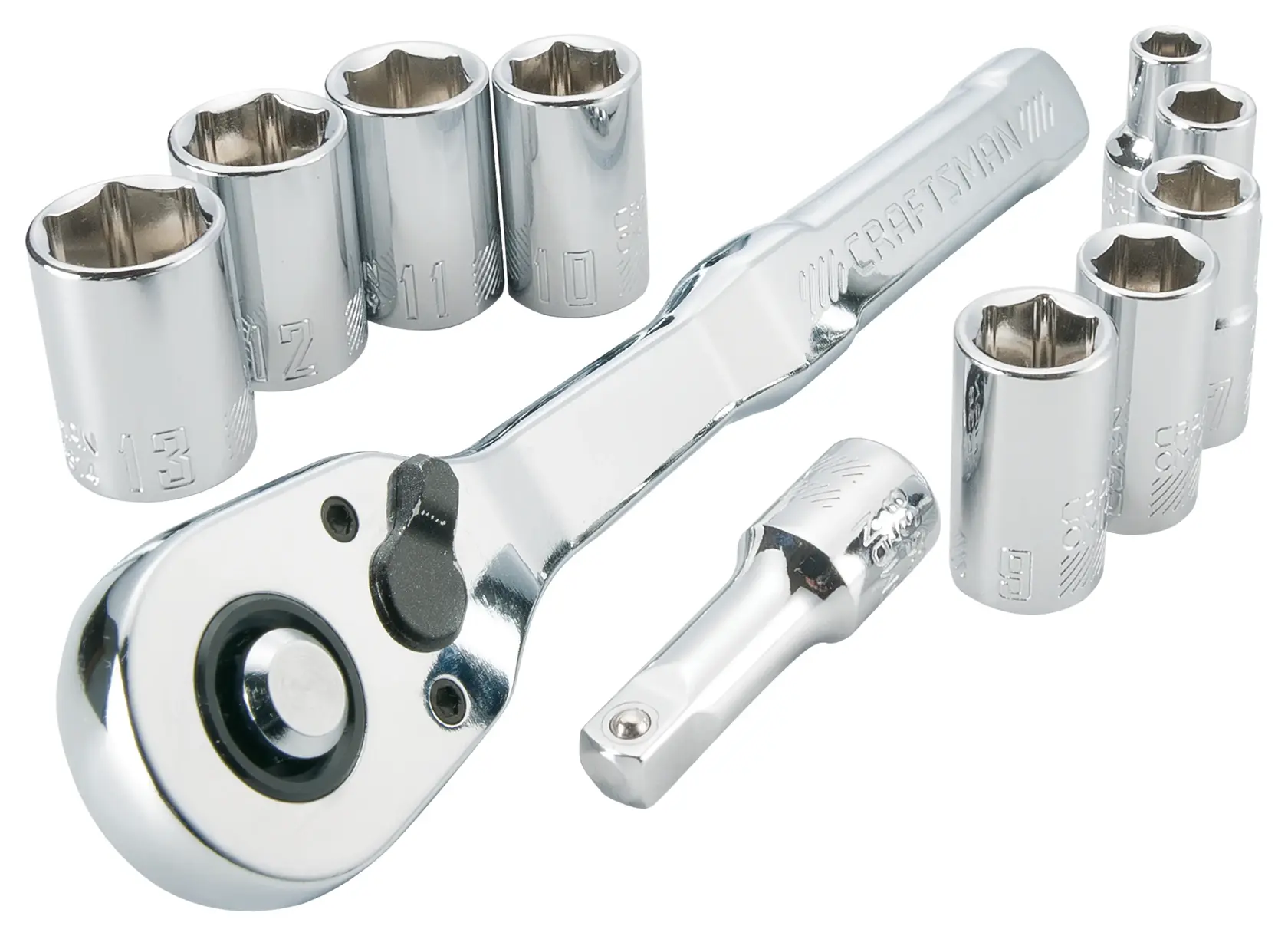 CRAFTSMAN 11 Piece 1/4 inch Metric Mechanics Tool Set Laid Out on White Background