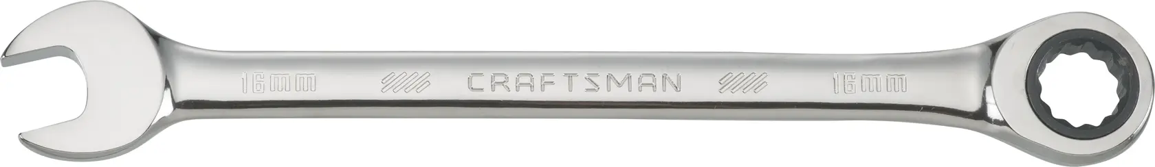 Craftsman 16mm ratcheting combination wrench white background beauty shot top view.