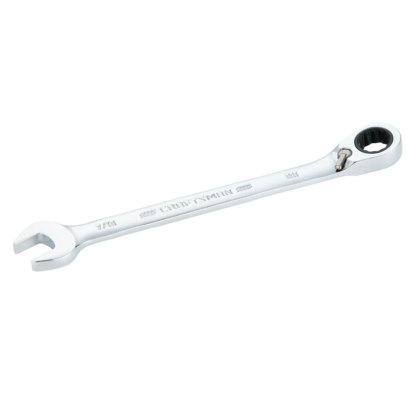 A CRAFTSMAN combination wrench with one open end and one ratcheting box end, made of polished metal.