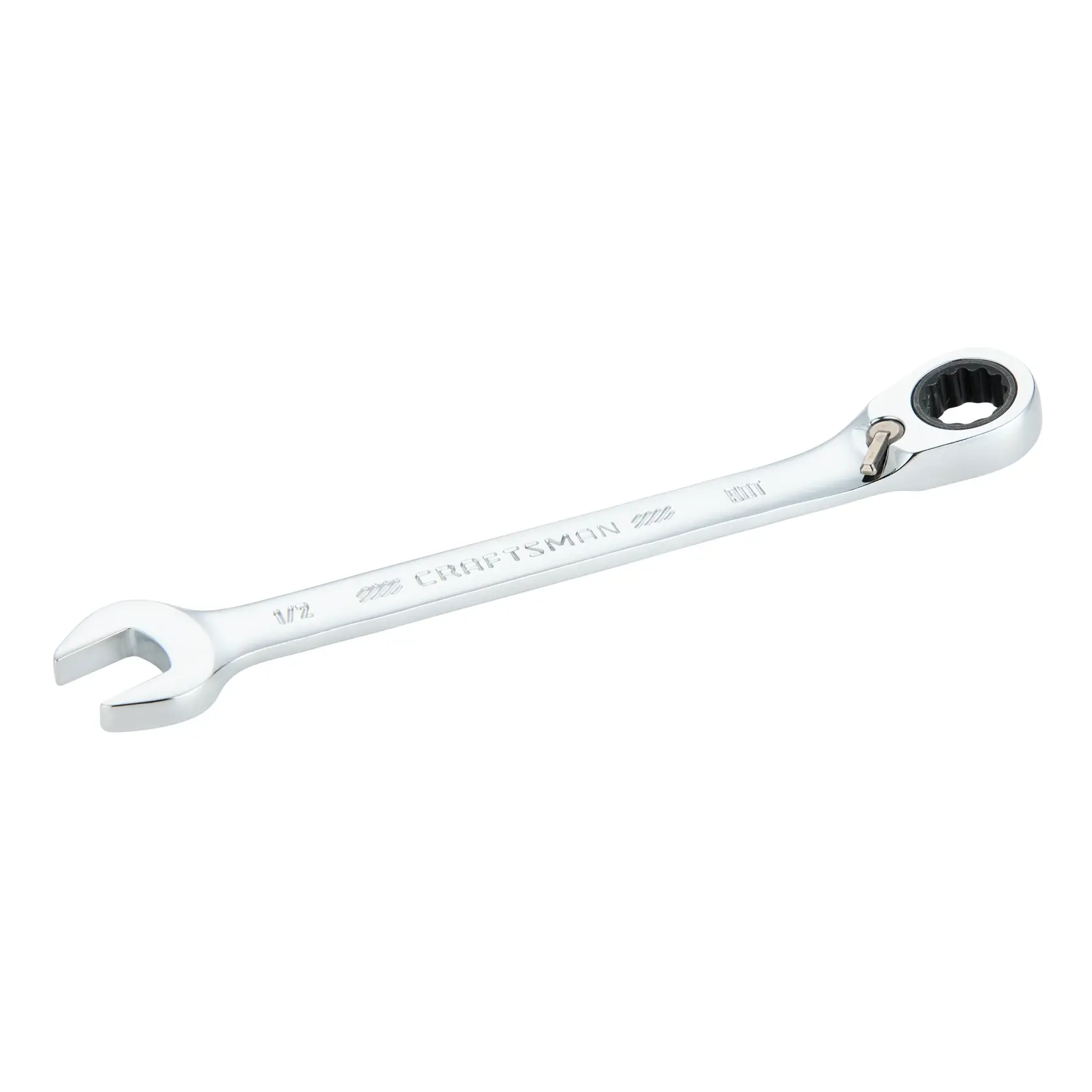A silver ratcheting combination wrench, open-ended on one side and a ratcheting box end on the other, with the brand CRAFTSMAN engraved on the handle.