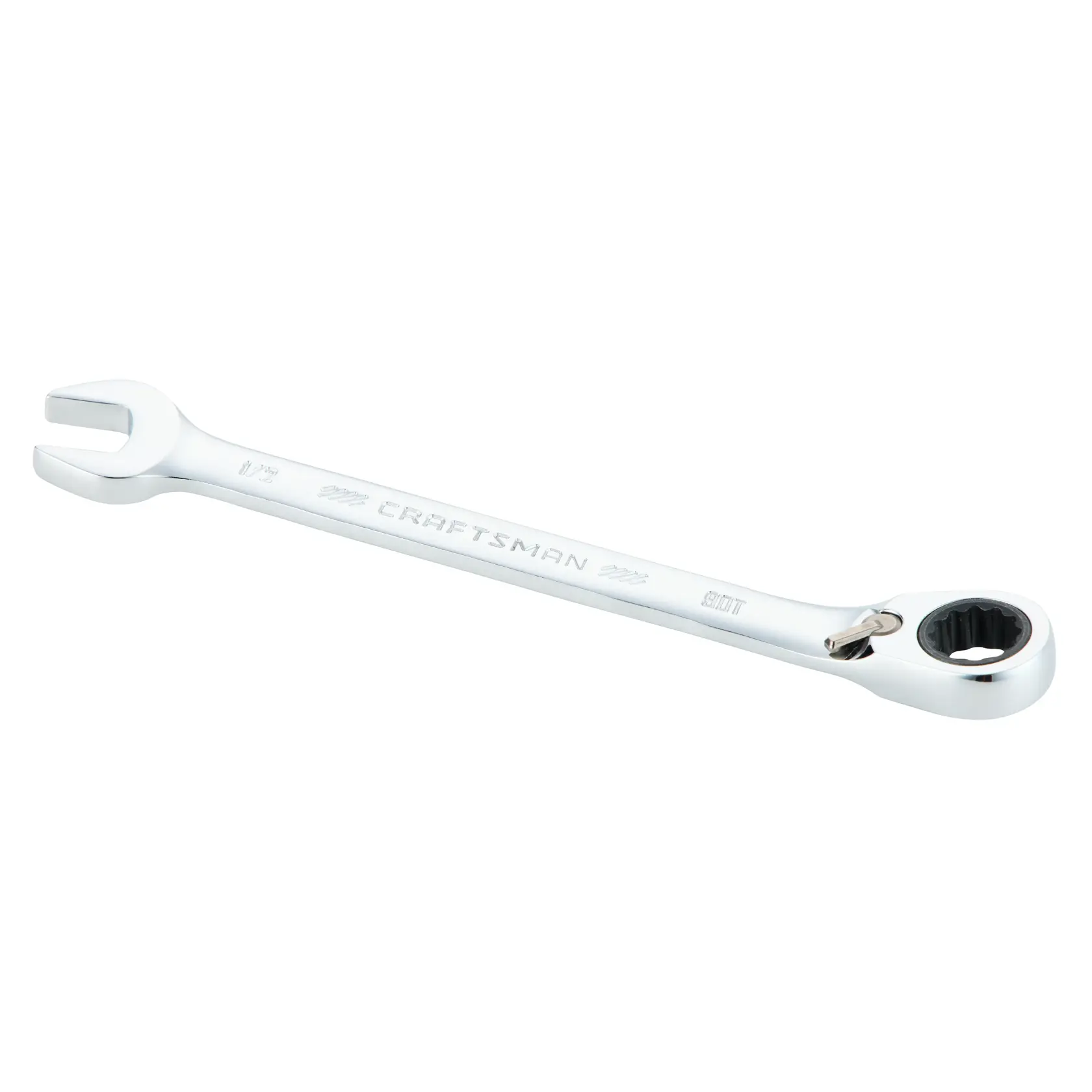 A single CRAFTSMAN ratcheting combination wrench with a chrome finish, featuring an open end and a ratcheting box end. The tool is shown isolated against a white background.