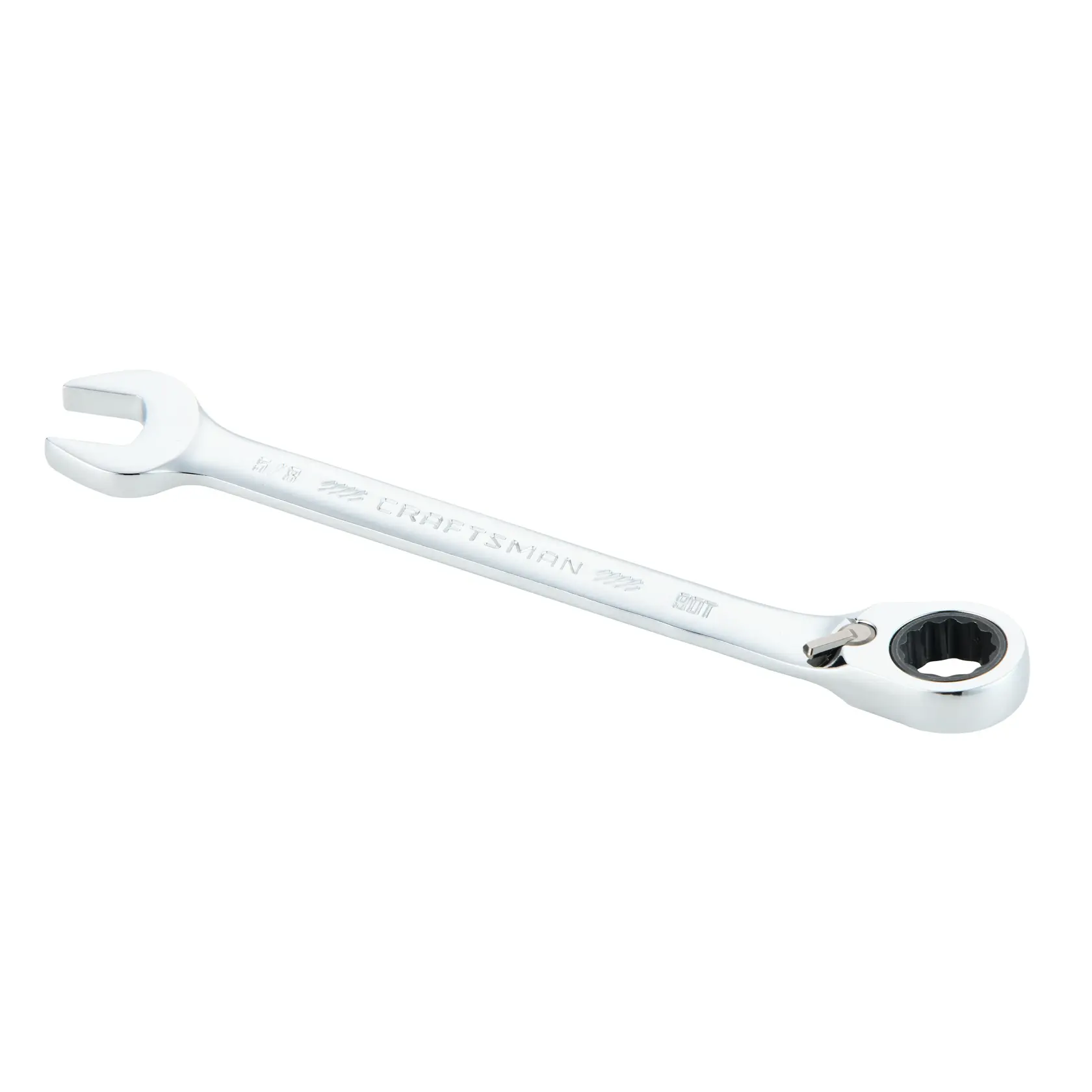 A chrome Craftsman ratcheting combination wrench with an open end and a ratcheting box end, displayed against a white background.