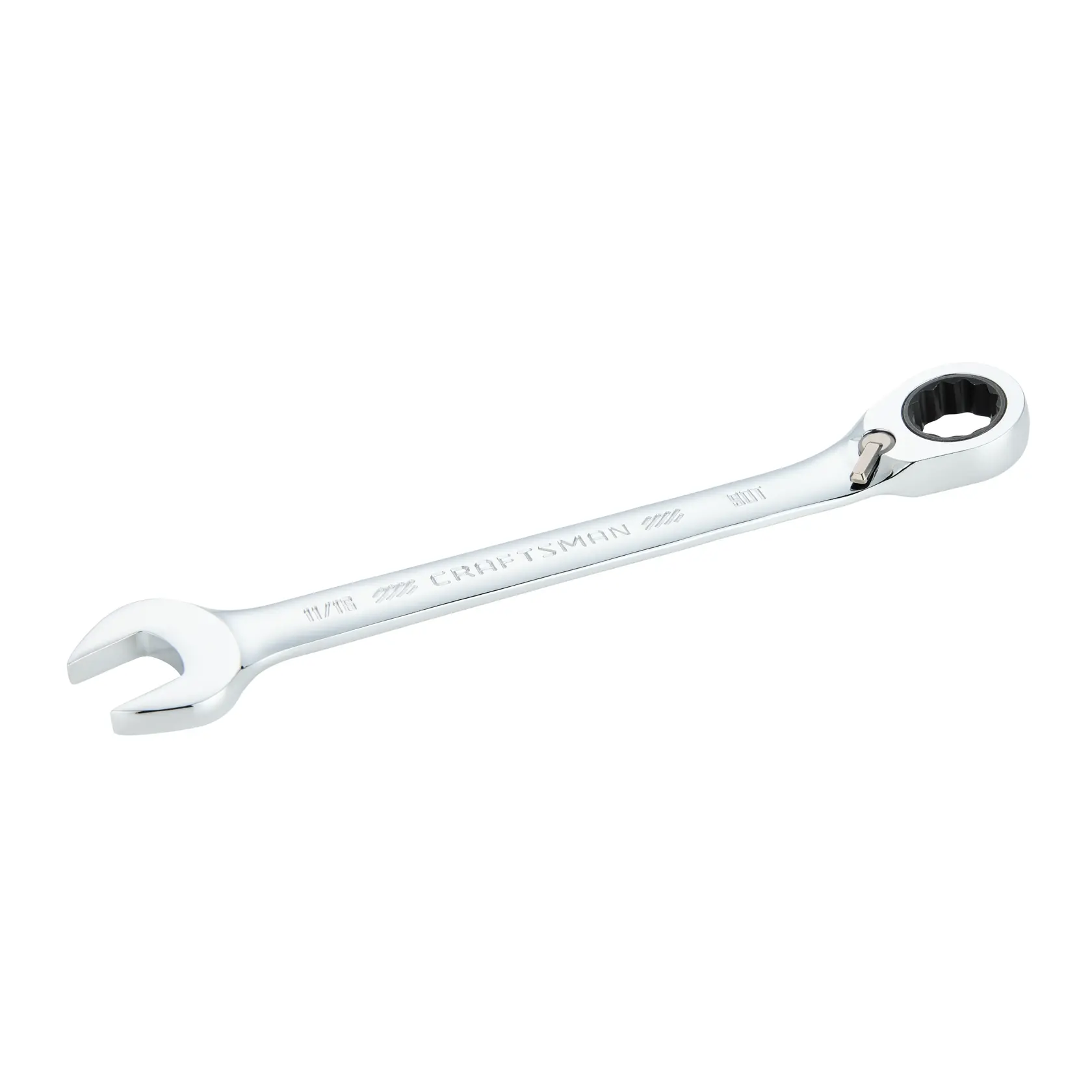A silver Craftsman combination ratcheting wrench with an open end on one side and a ratcheting closed end on the other, designed for tightening or loosening nuts and bolts.