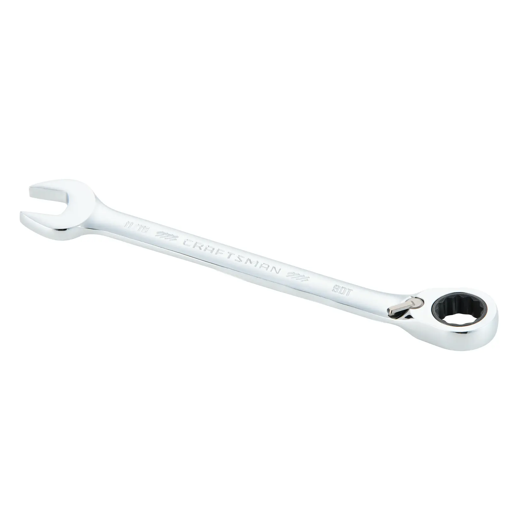 A chrome Craftsman combination wrench with an open-end and a ratcheting box-end, displayed on a white background.