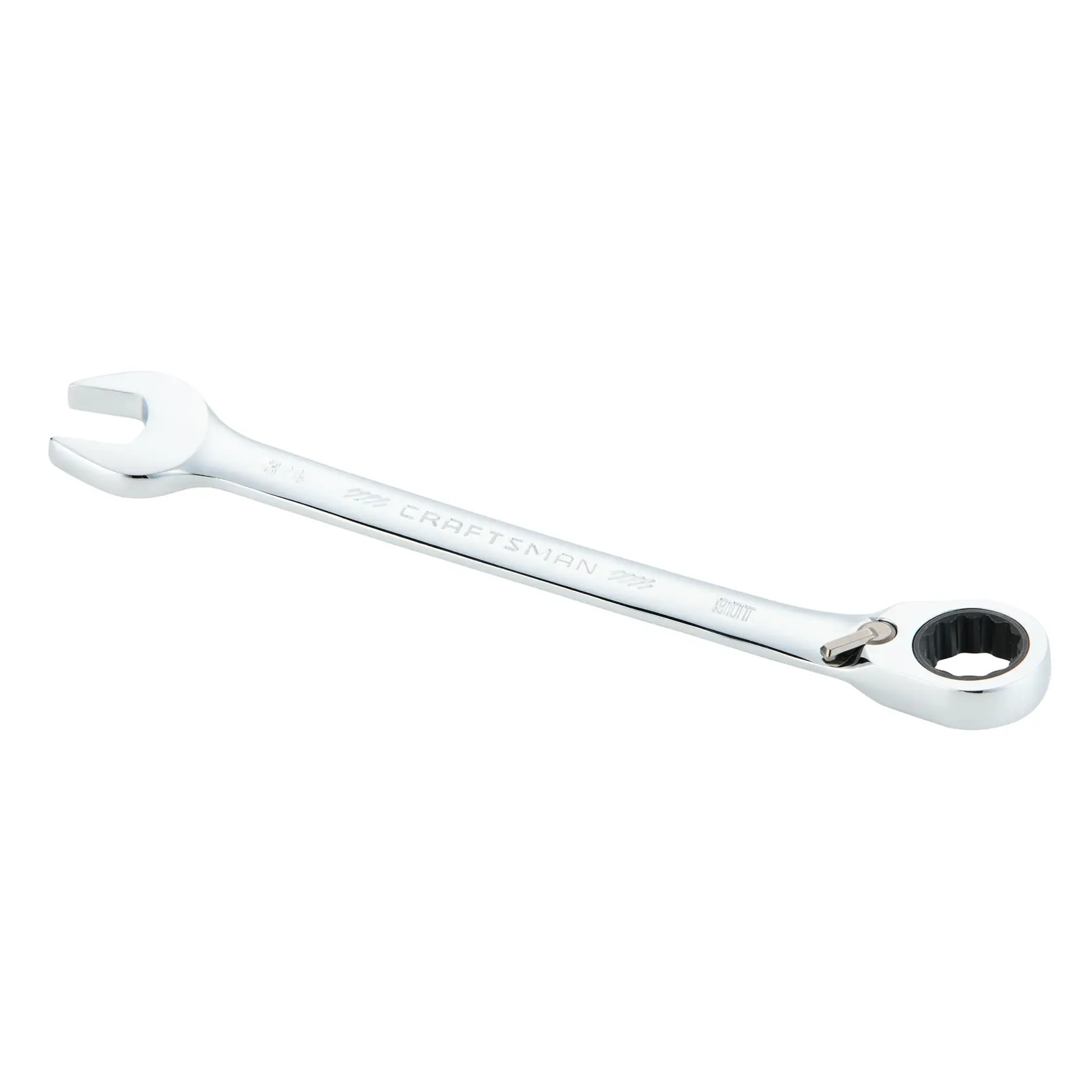 A silver Craftsman combination wrench with an open-end on one side and a ratcheting box end on the other side, photographed on a white background.