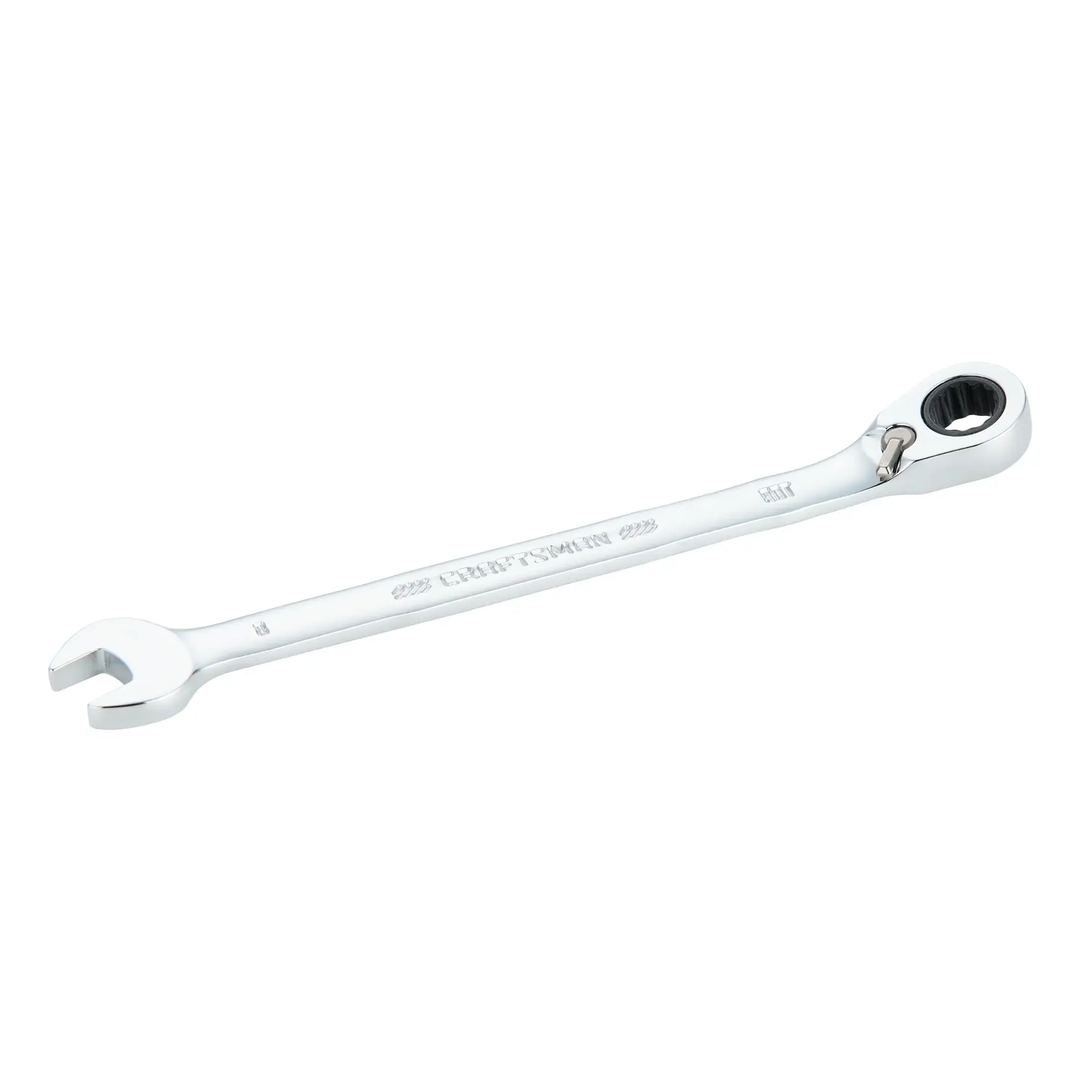 A single chrome ratcheting combination wrench with an open-end and a box-end, isolated on a white background.