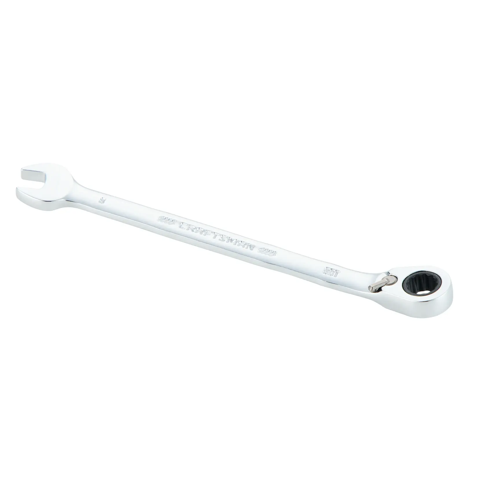 A silver ratcheting combination wrench with an open-end on one side and a ratcheting box-end on the other, shown on a white background.