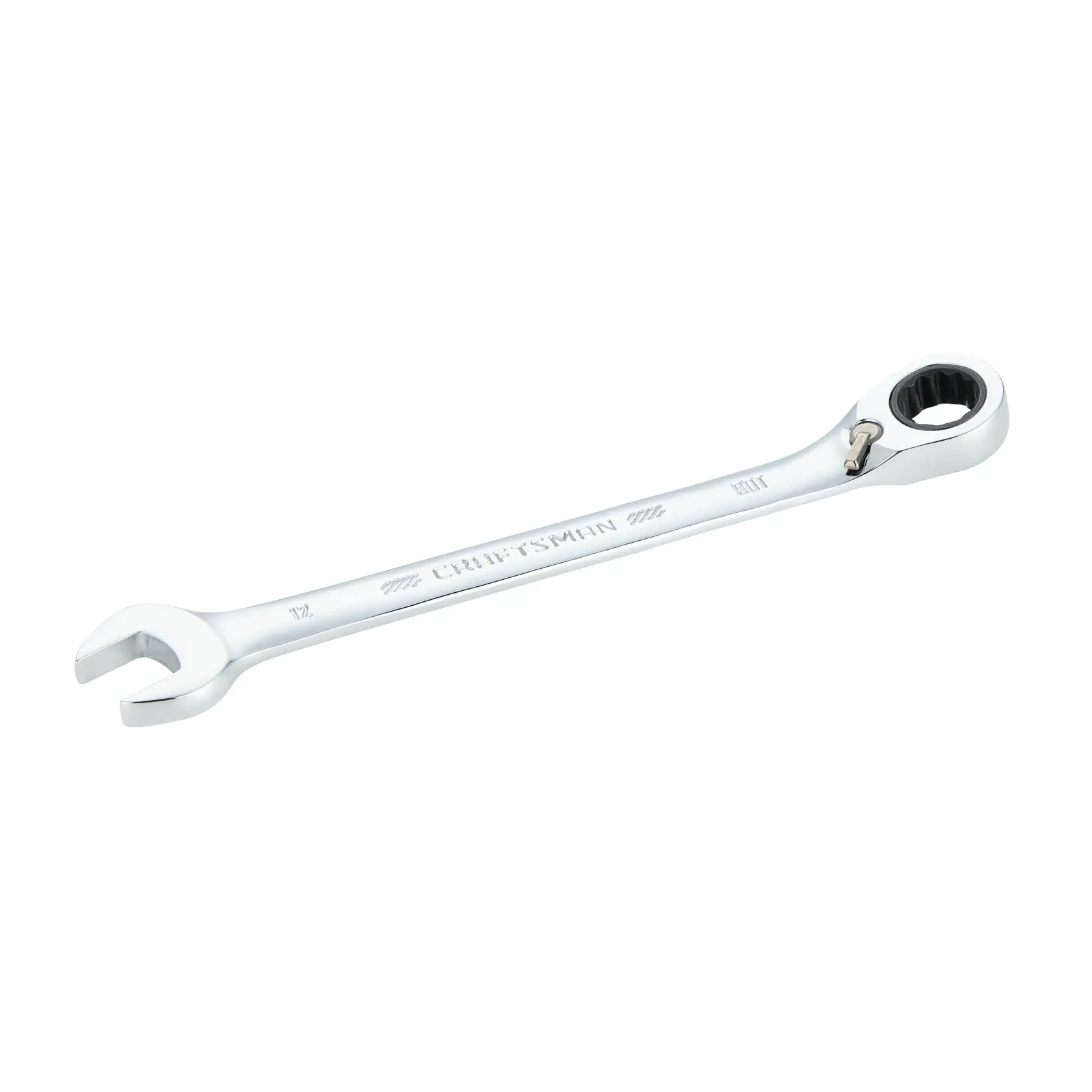 A CRAFTSMAN branded combination wrench with an open end on one side and a ratcheting box end on the other, placed against a white background.