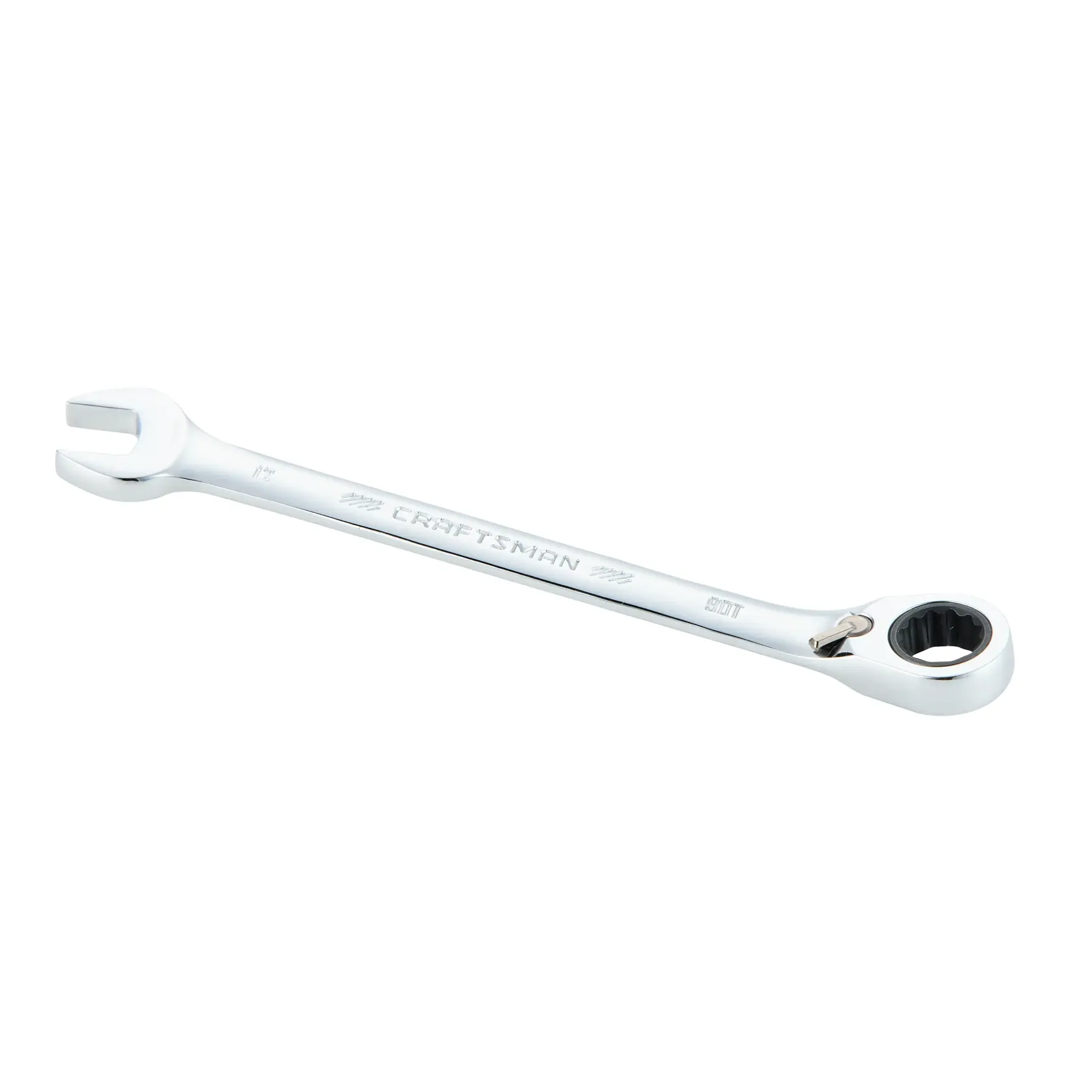 A silver CRAFTSMAN combination ratcheting wrench with an open-end on one side and a ratcheting box-end on the other, shown on a plain white background.