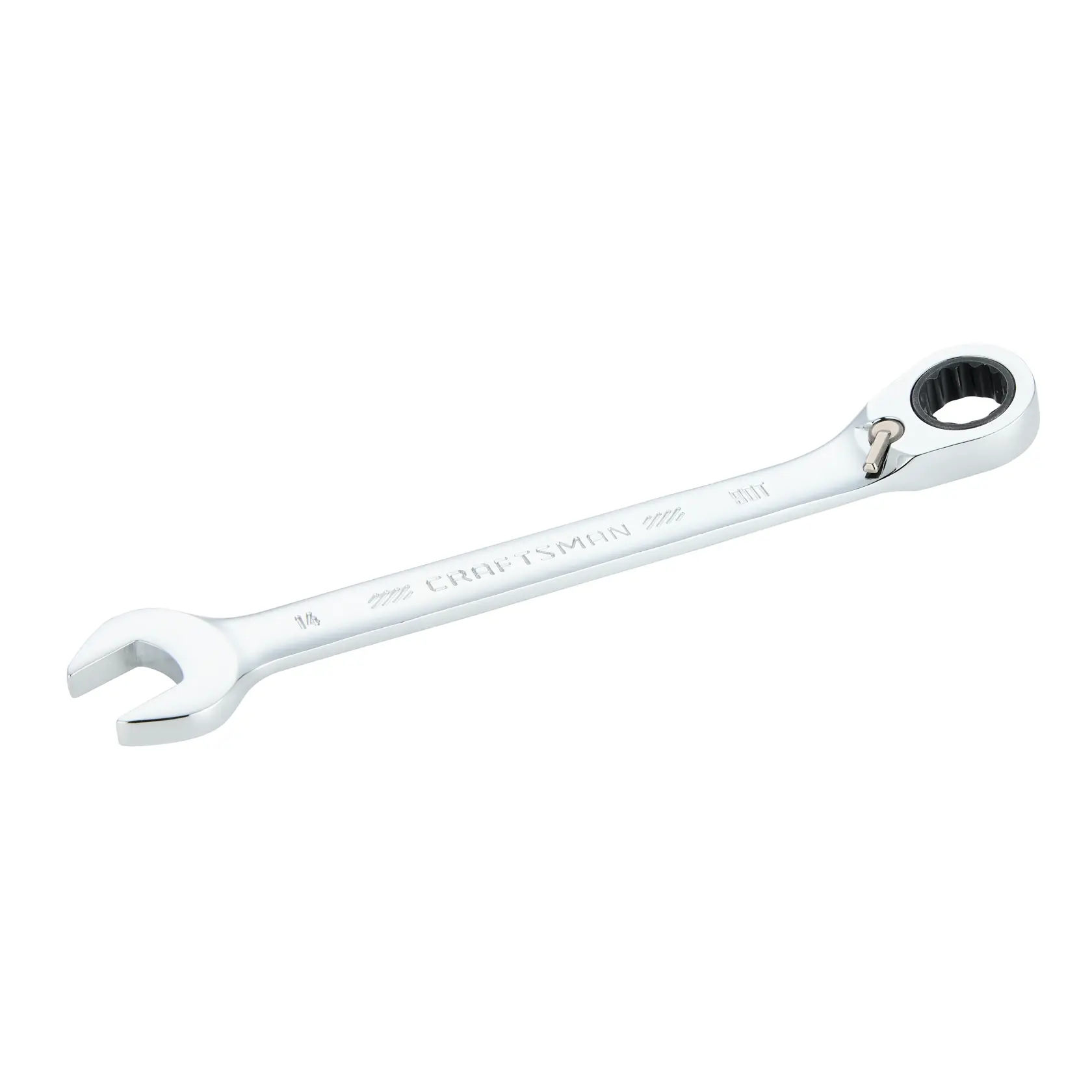 A CRAFTSMAN ratcheting combination wrench, featuring an open end on one side and a ratcheting box end on the other, made of polished metal.