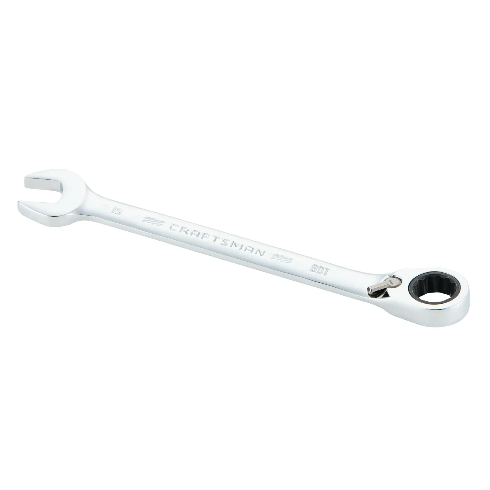 A silver CRAFTSMAN combination wrench with an open-end and a ratcheting box end, displayed against a plain white background.