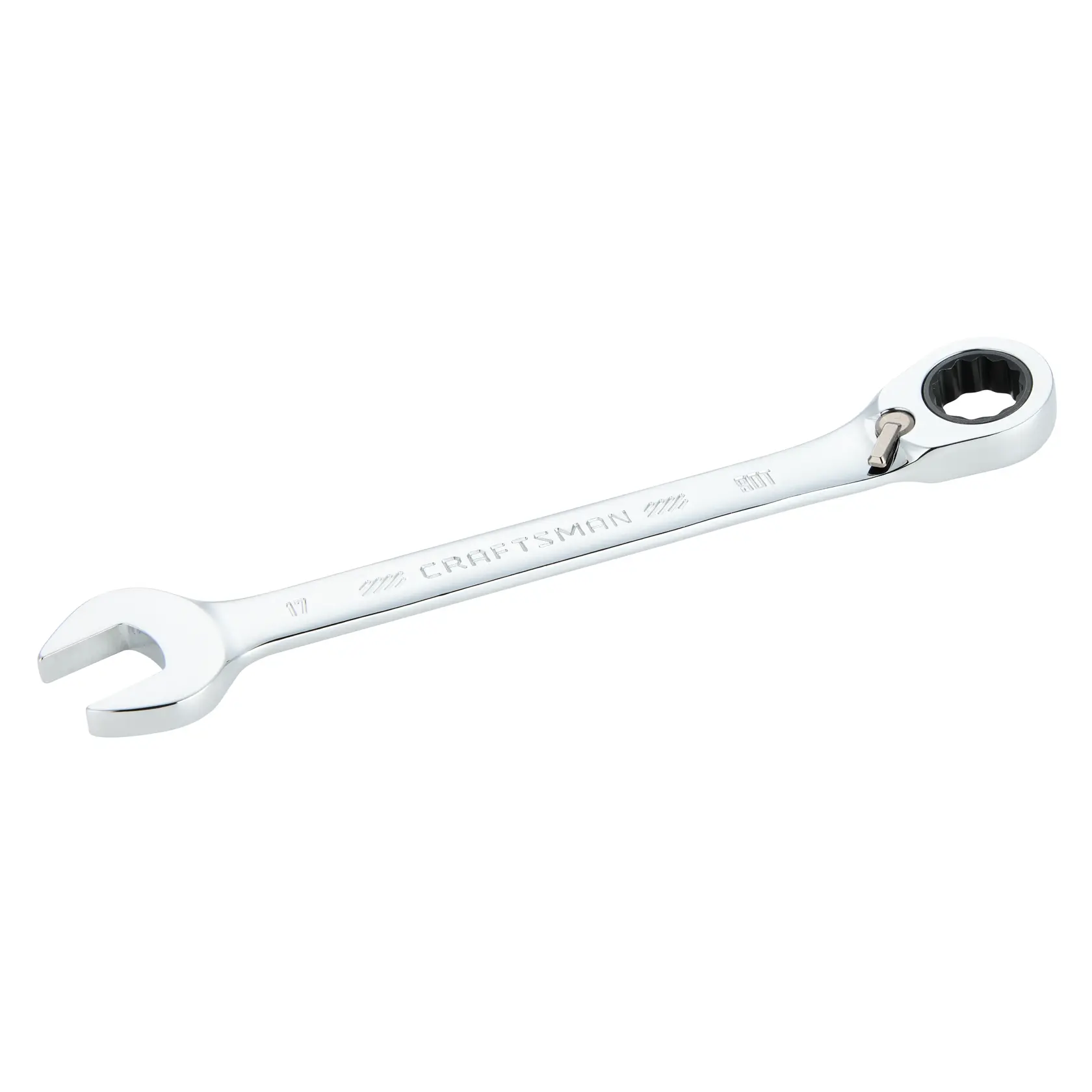A chrome-finished ratcheting combination wrench with an open end on one side and a ratcheting box end on the other, featuring the CRAFTSMAN brand name engraved on the handle.