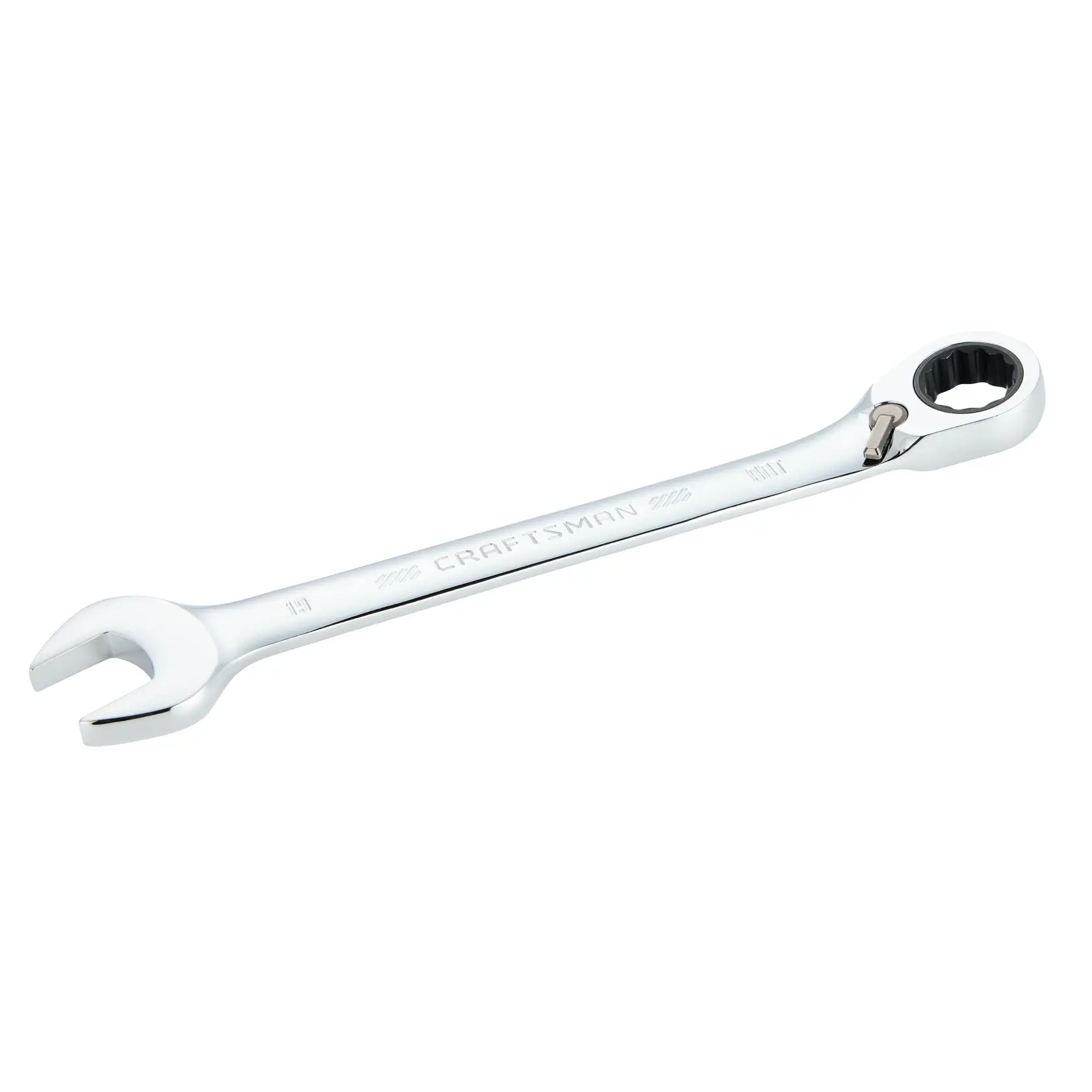 A silver CRAFTSMAN combination ratcheting wrench featuring an open end and a ratcheting box end, displayed on a white background.