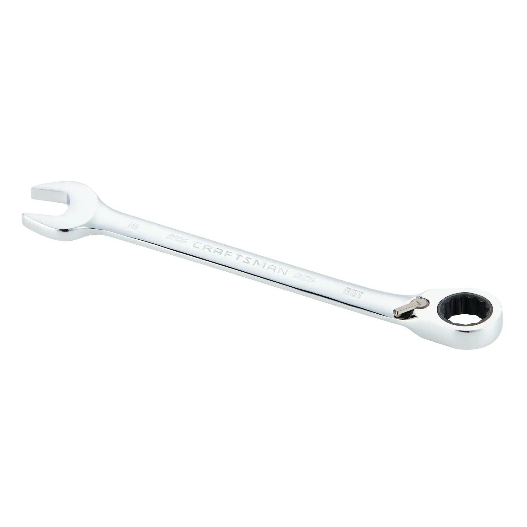 A silver Craftsman combination wrench with an open-end on one side and a ratcheting closed-end on the other, displayed on a white background.