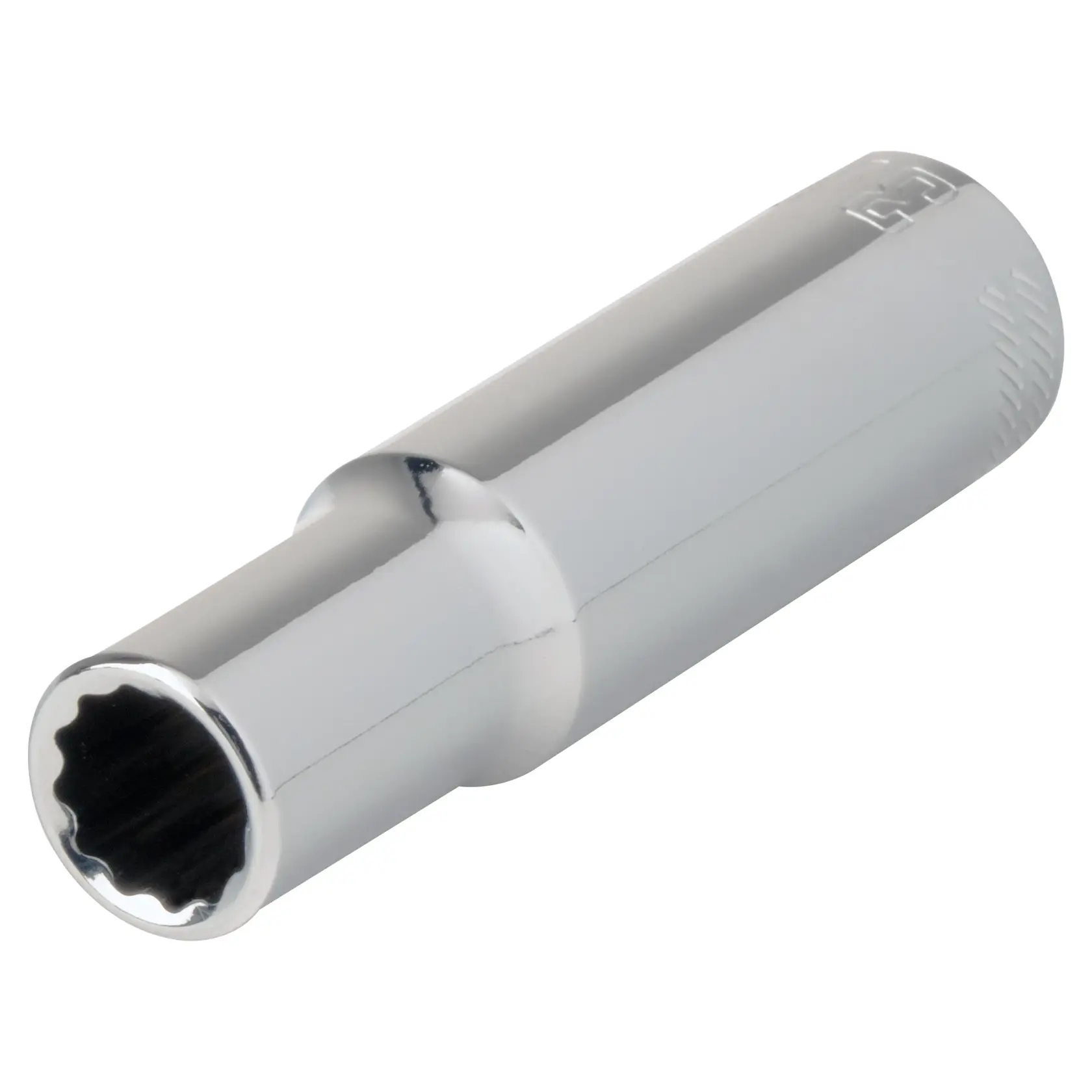 A close-up image of a polished metal socket, typically used with a ratchet for turning nuts and bolts.