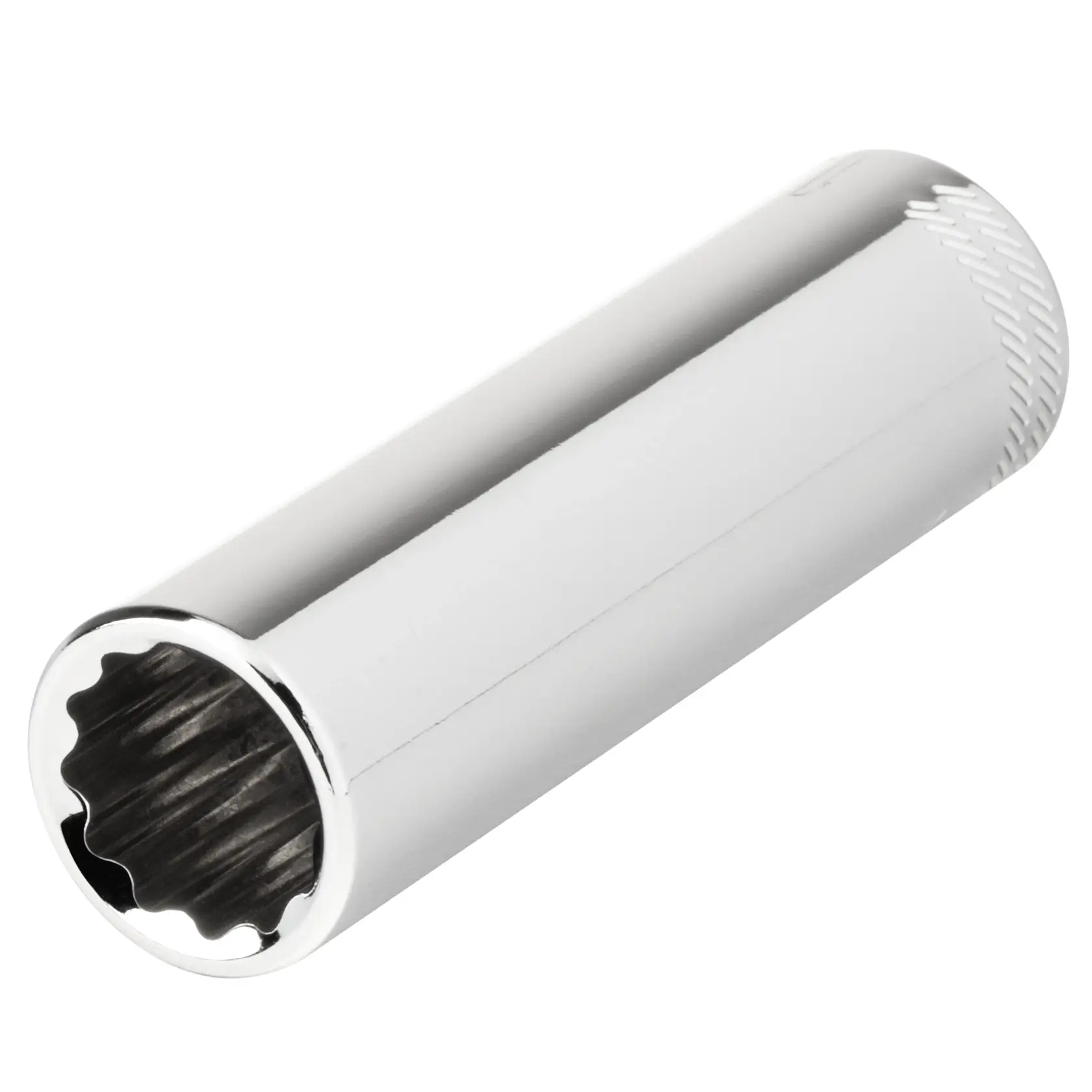 A close-up image of a metallic socket tool with a twelve-point interior, commonly used with a ratchet for turning nuts and bolts.