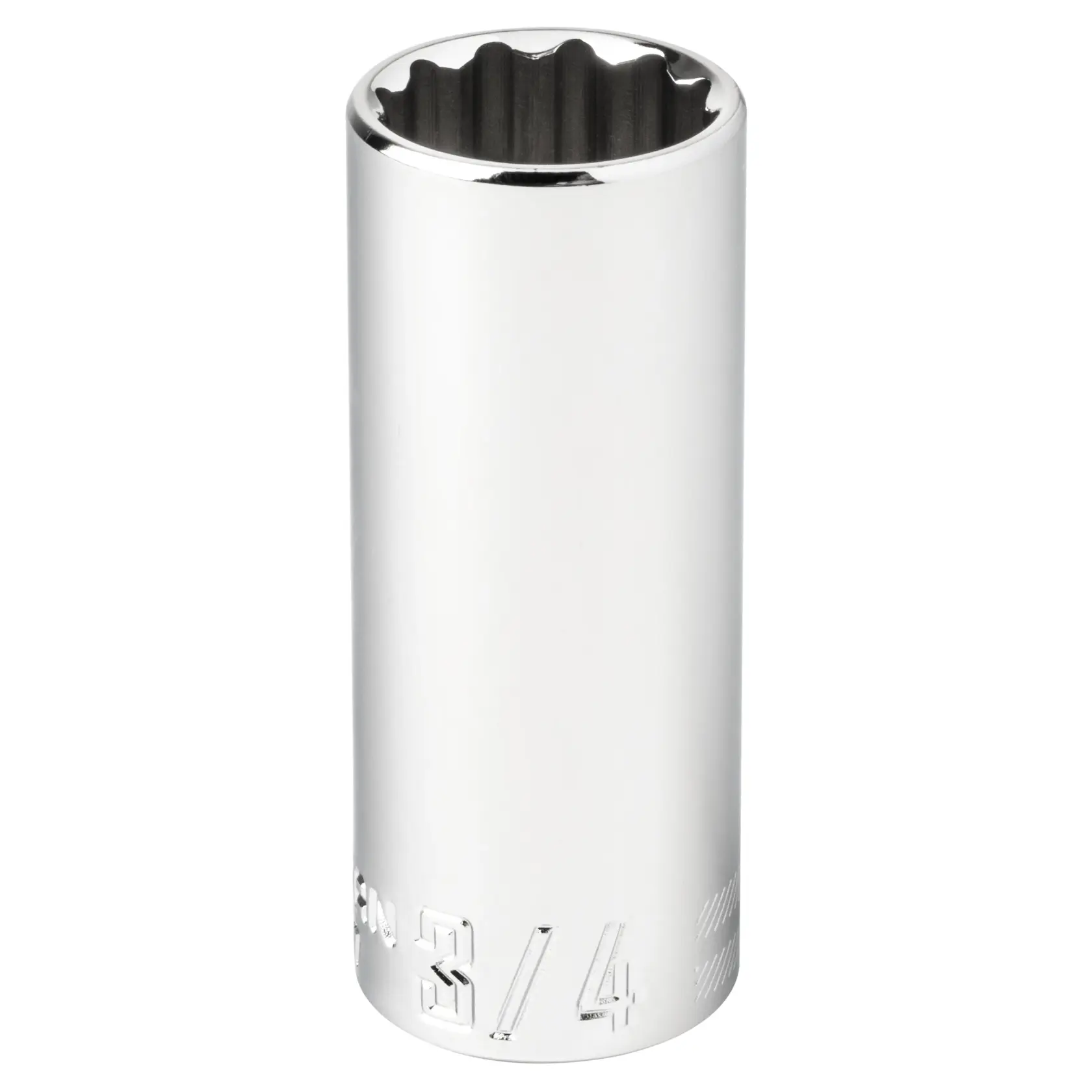 A close-up image of a shiny, chrome 3/4 inch deep socket tool, used for tightening or loosening nuts and bolts with a ratchet wrench.