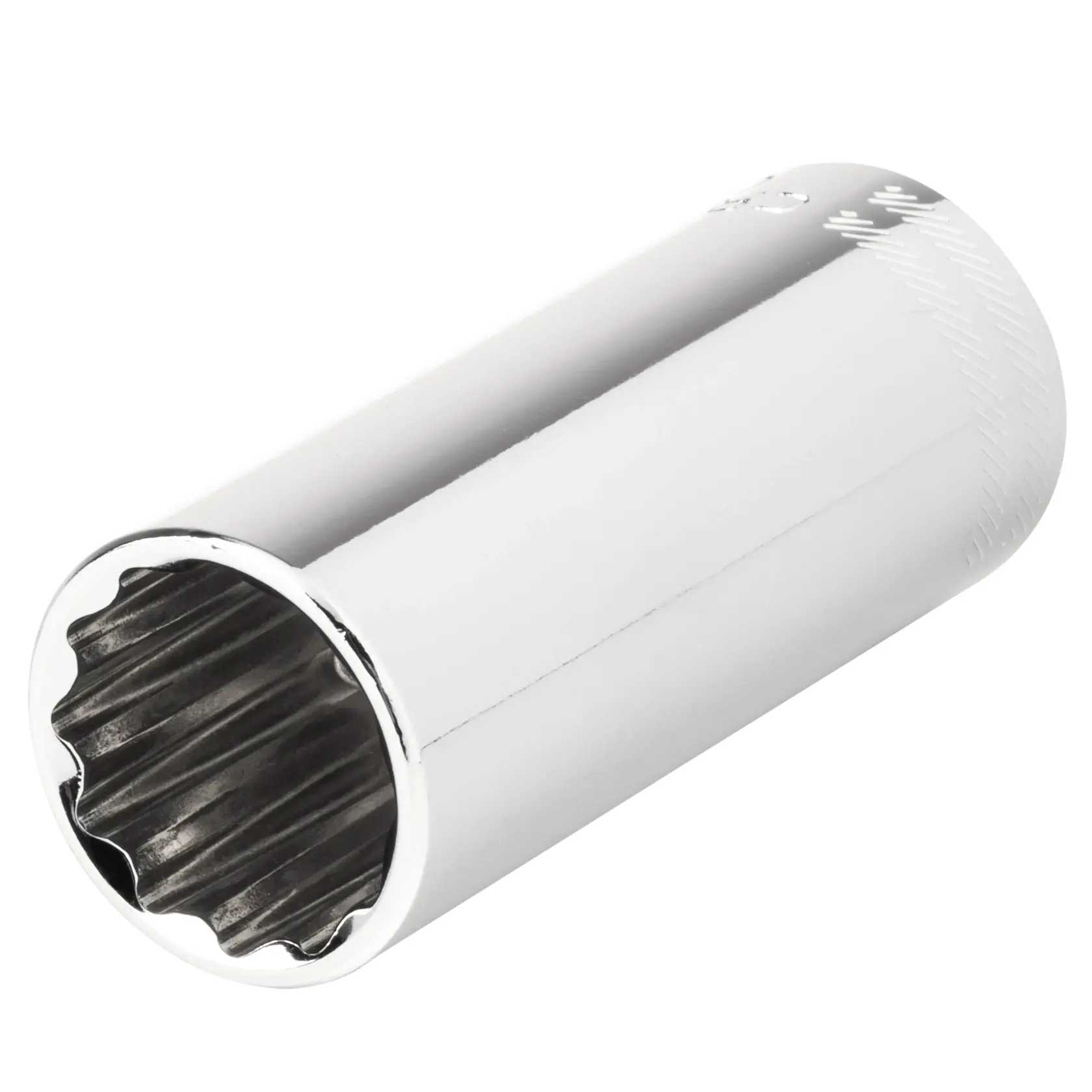 A close-up image of a shiny metallic socket tool, used with a ratchet or wrench for tightening or loosening bolts.