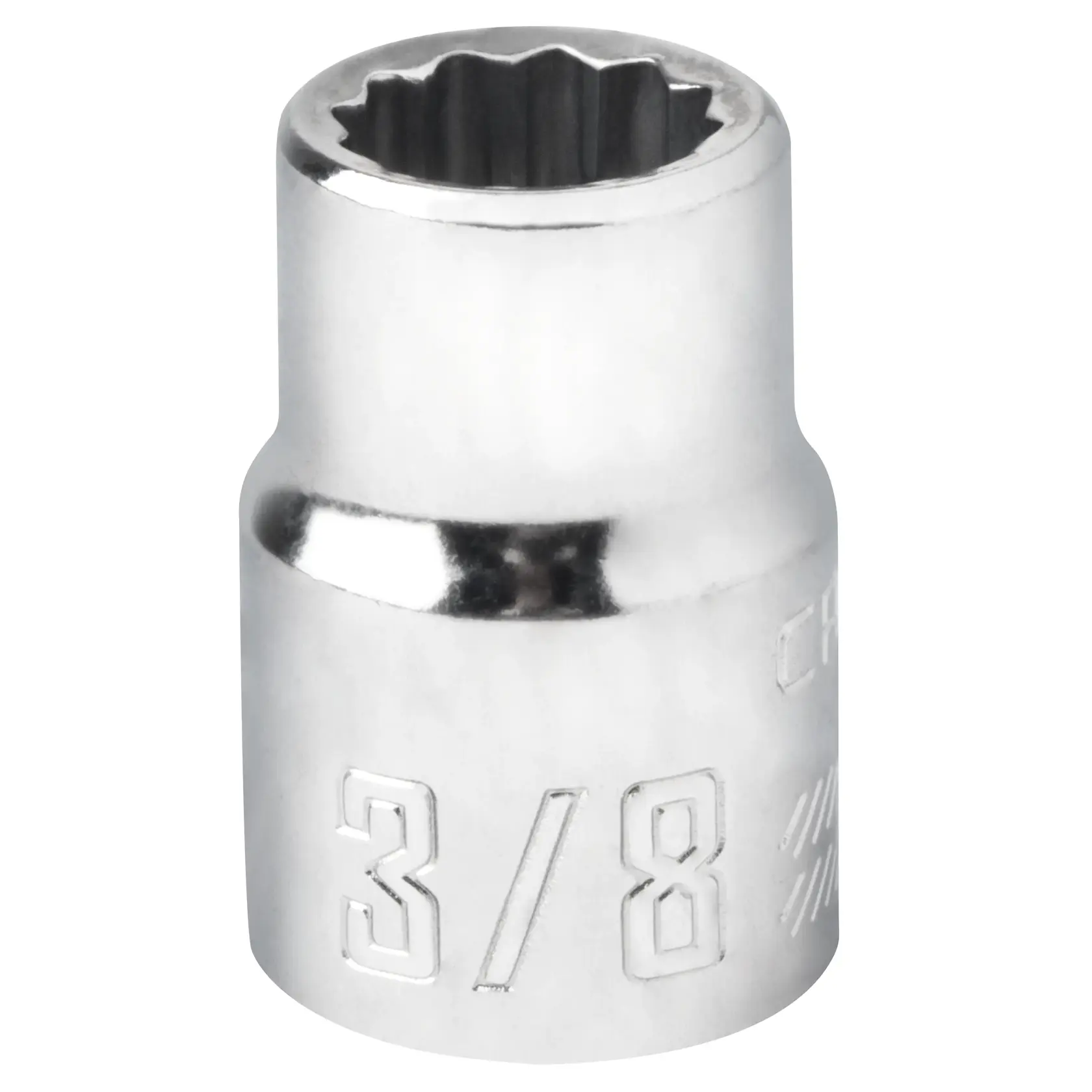A close-up image of a shiny metal socket tool with a twelve-point opening and the size marking '3/8' engraved on its side.