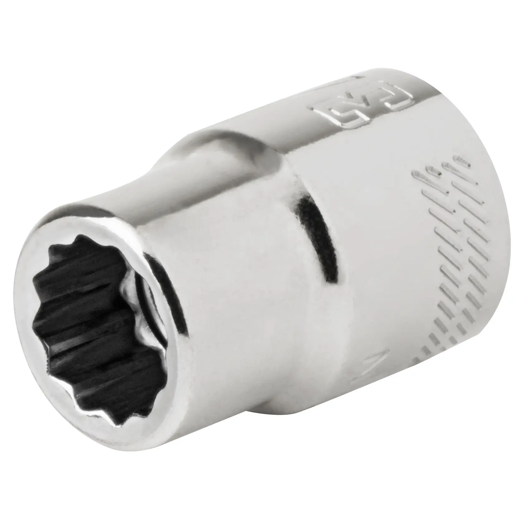 A close-up image of a metallic socket tool, used for tightening or loosening bolts and nuts, with a twelve-point interior design.