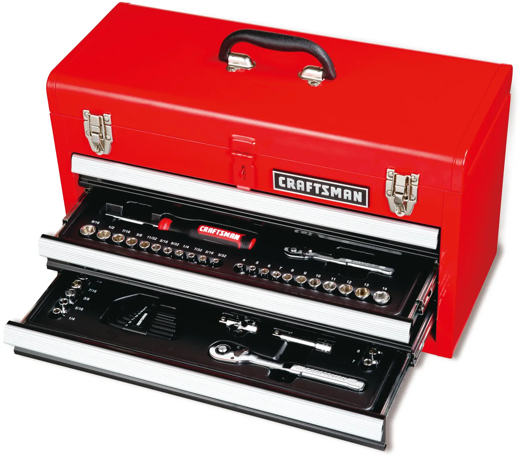CRAFTSMAN 104 Piece Mechanics Tool Set in 3-Drawer Red Metal Tool Box with two drawers opened