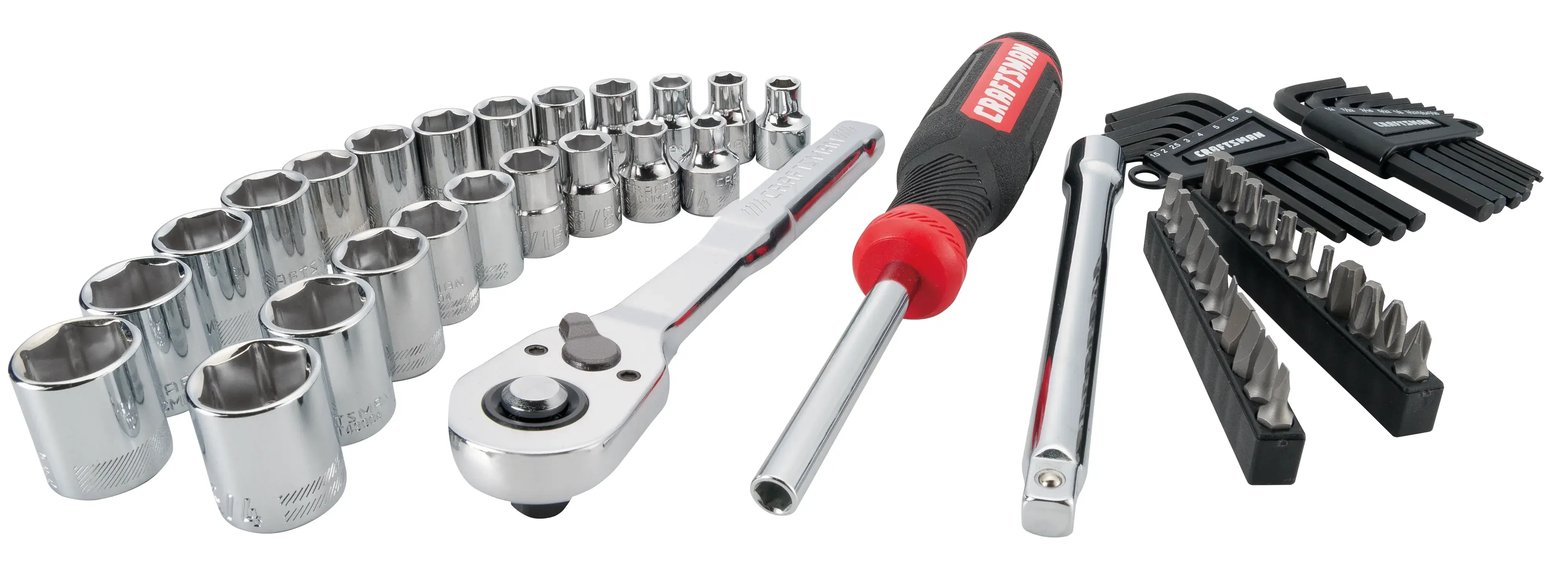 CRAFTSMAN 63 Piece Mechanics Tool Set Laid Out on White Background