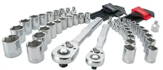 CRAFTSMAN CMMT45171 chrome socket and ratchet set with hex key sets, front angle photo.