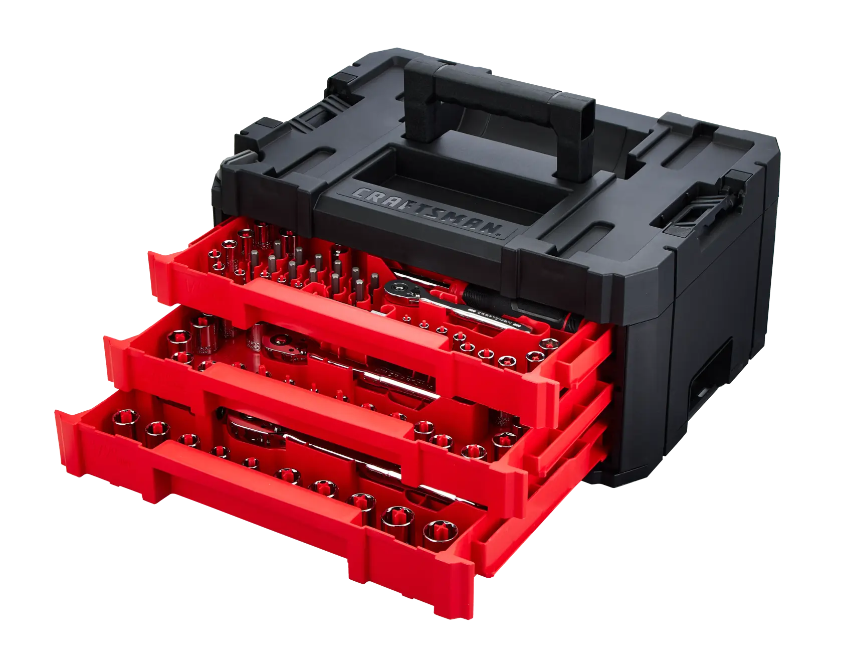 CRAFTSMAN VERSASTACK 242-Piece Standard (SAE) and Metric Polished Chrome Mechanics Tool Set with Hard Case Left Angle Open Drawers