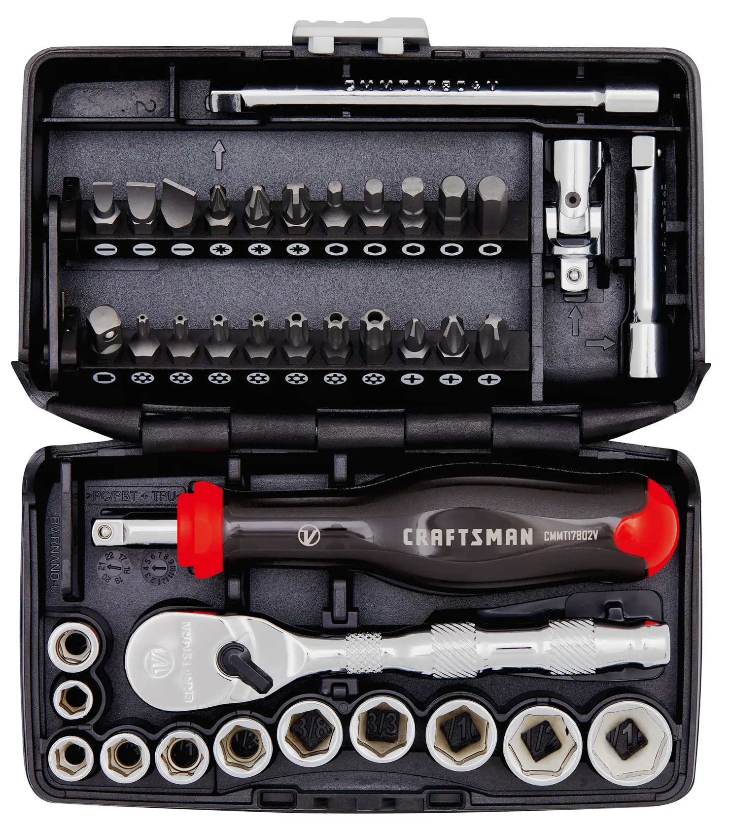 1 quarter inch drive S A E 6 point tool set assembled in its case.