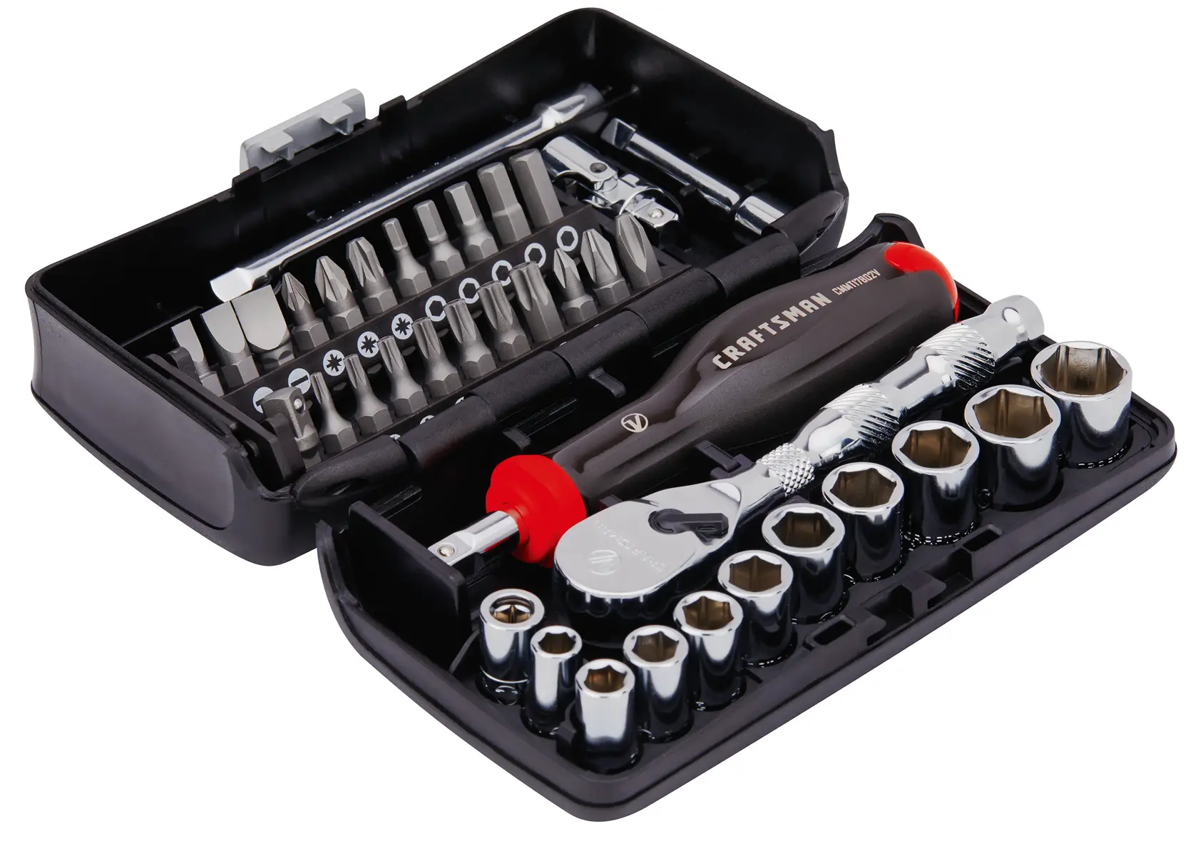 1 quarter inch drive S A E 6 point tool set assembled in its case.