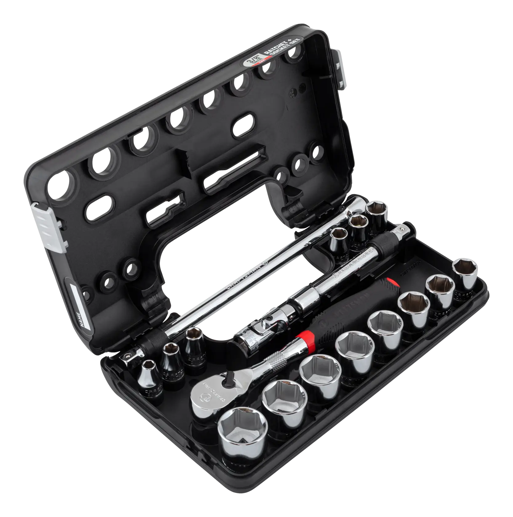 3 eighth inch drive S A E 6 point tool set assembled in its case.